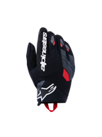 Guanti Alpinestars Durack, guanti da moto, nero con accenti grigio scuro e rosso acceso, dorso in tessuto testurizzato, protezione nocche grigia divisa, grande scritta Alpinestars bianca sull'indice e logo a stella bianco sul polso in neoprene