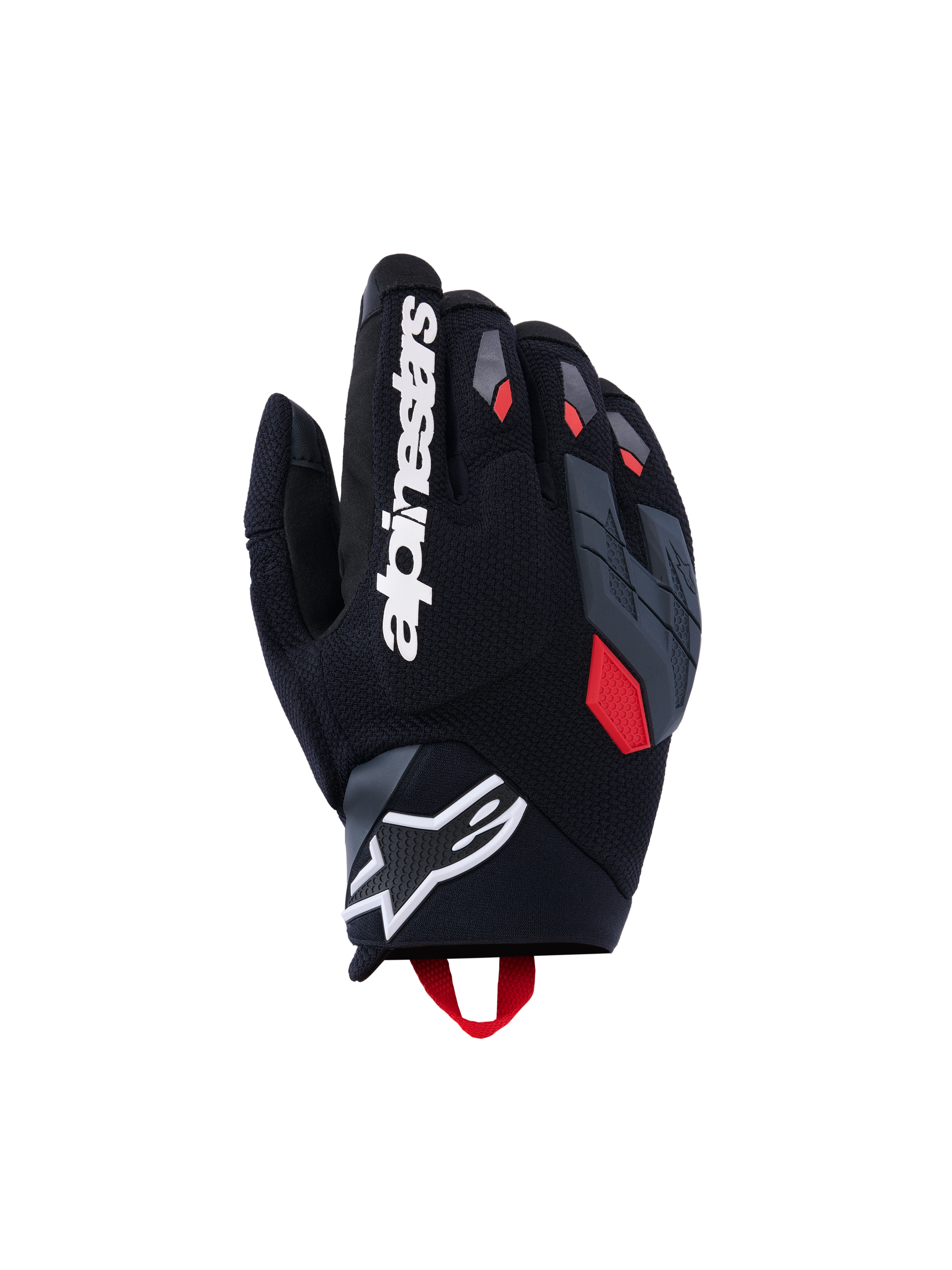 Guanti Alpinestars Durack, guanti da moto, nero con accenti grigio scuro e rosso acceso, dorso in tessuto testurizzato, protezione nocche grigia divisa, grande scritta Alpinestars bianca sull'indice e logo a stella bianco sul polso in neoprene
