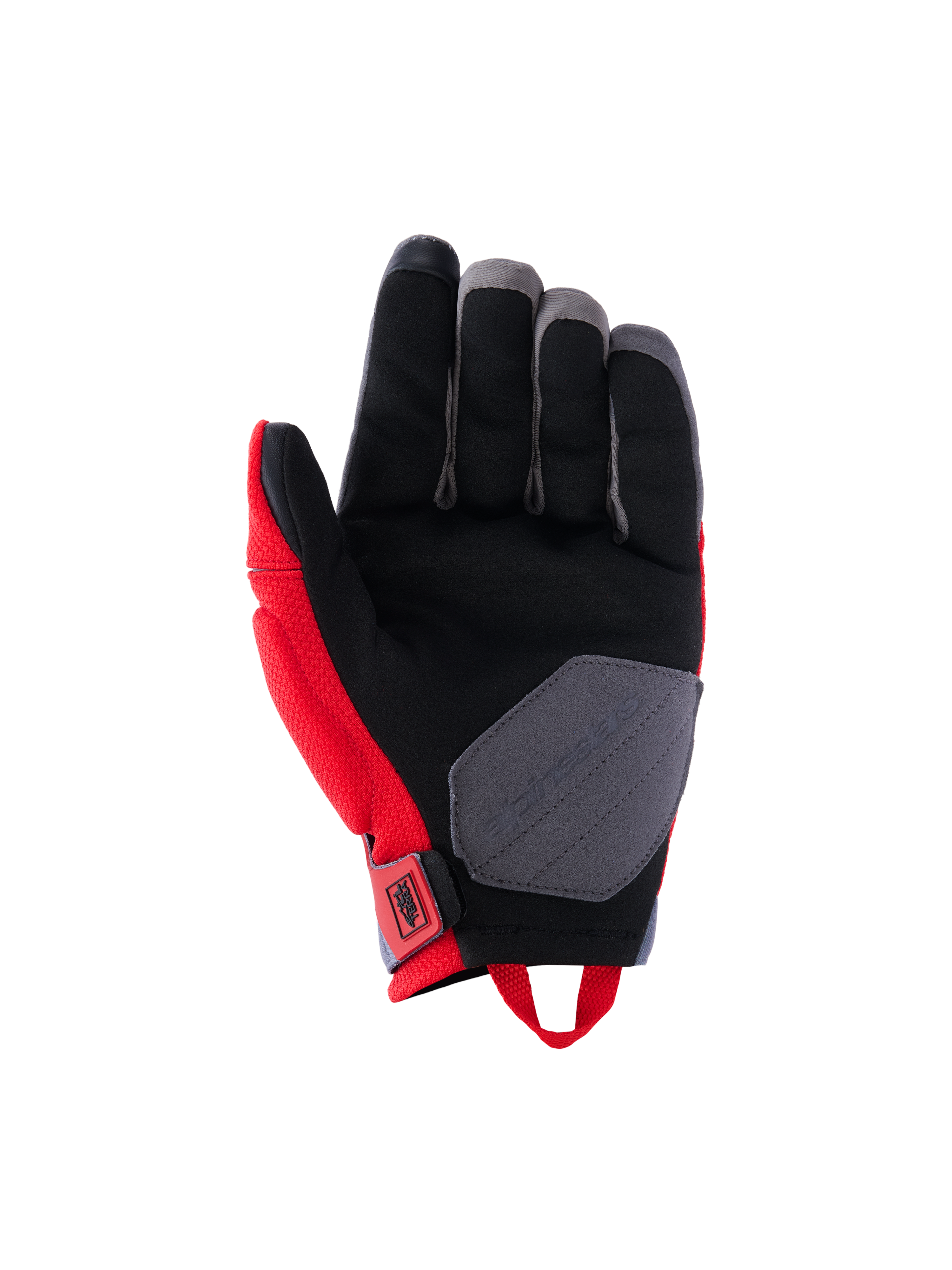 Guanti Alpinestars Durack, guanti da moto, rosso acceso e grigio medio, vista del palmo con struttura in pelle scamosciata sintetica, palmo nero con inserto di rinforzo grigio, pannelli laterali rossi e asola per il polso