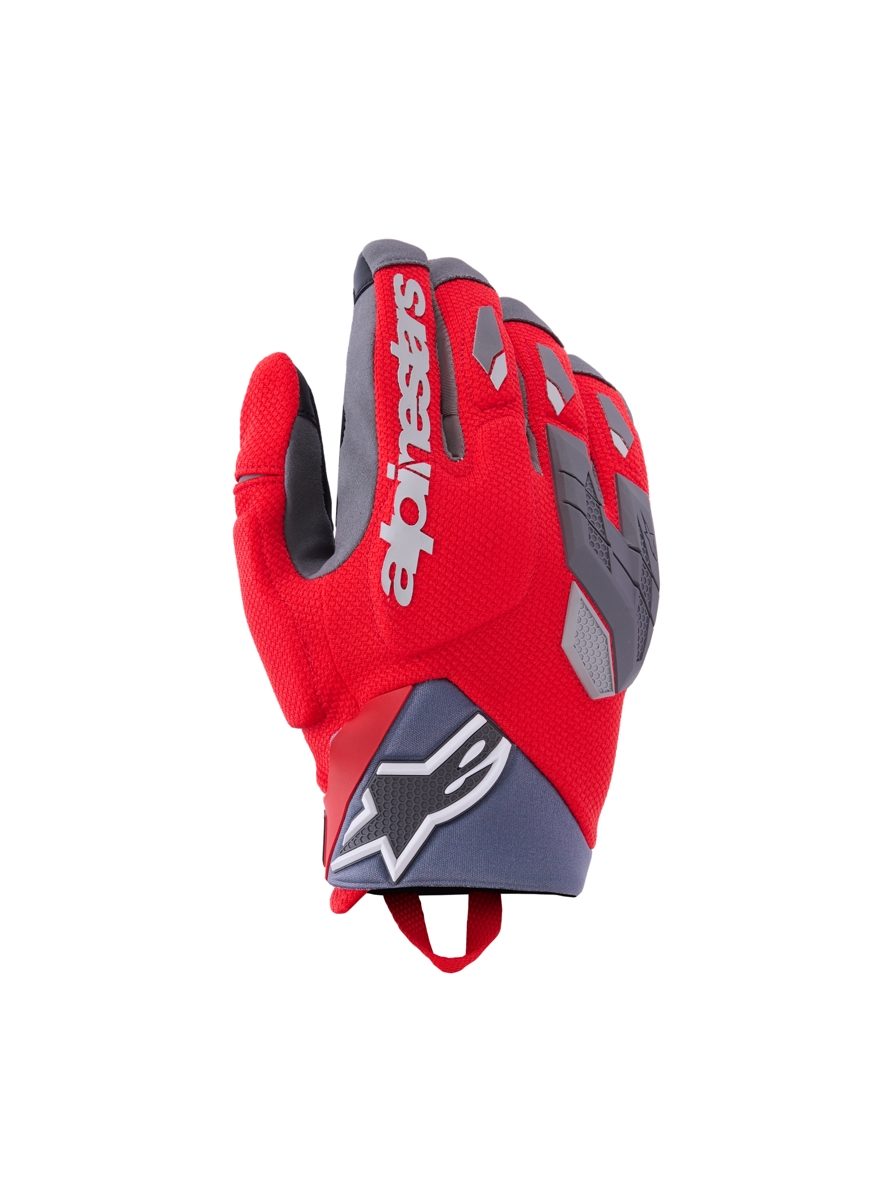 Guanti Alpinestars Durack, guanti da moto, rosso acceso e grigio medio, con protezione delle nocche divisa e accenti in TPR grigio, marchio Alpinestars bianco sul dorso, polsino in neoprene con logo a stella e design adventure