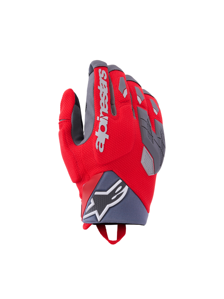 Alpinestars Durack Gloves, guanti da moto unisex, rosso con dettagli grigi e neri, logo bianco, superficie texturizzata con pattern geometrici, protezioni sulle nocche e dita, loop al polso