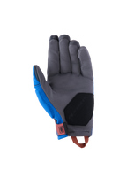 Guanti Alpinestars Durack, guanti da moto adventure, blu reale e grigio scuro, vista del palmo con struttura in pelle scamosciata sintetica grigia, imbottitura di rinforzo nera sulla base del palmo, linguetta del polso rossa e asola di trazione arancione.