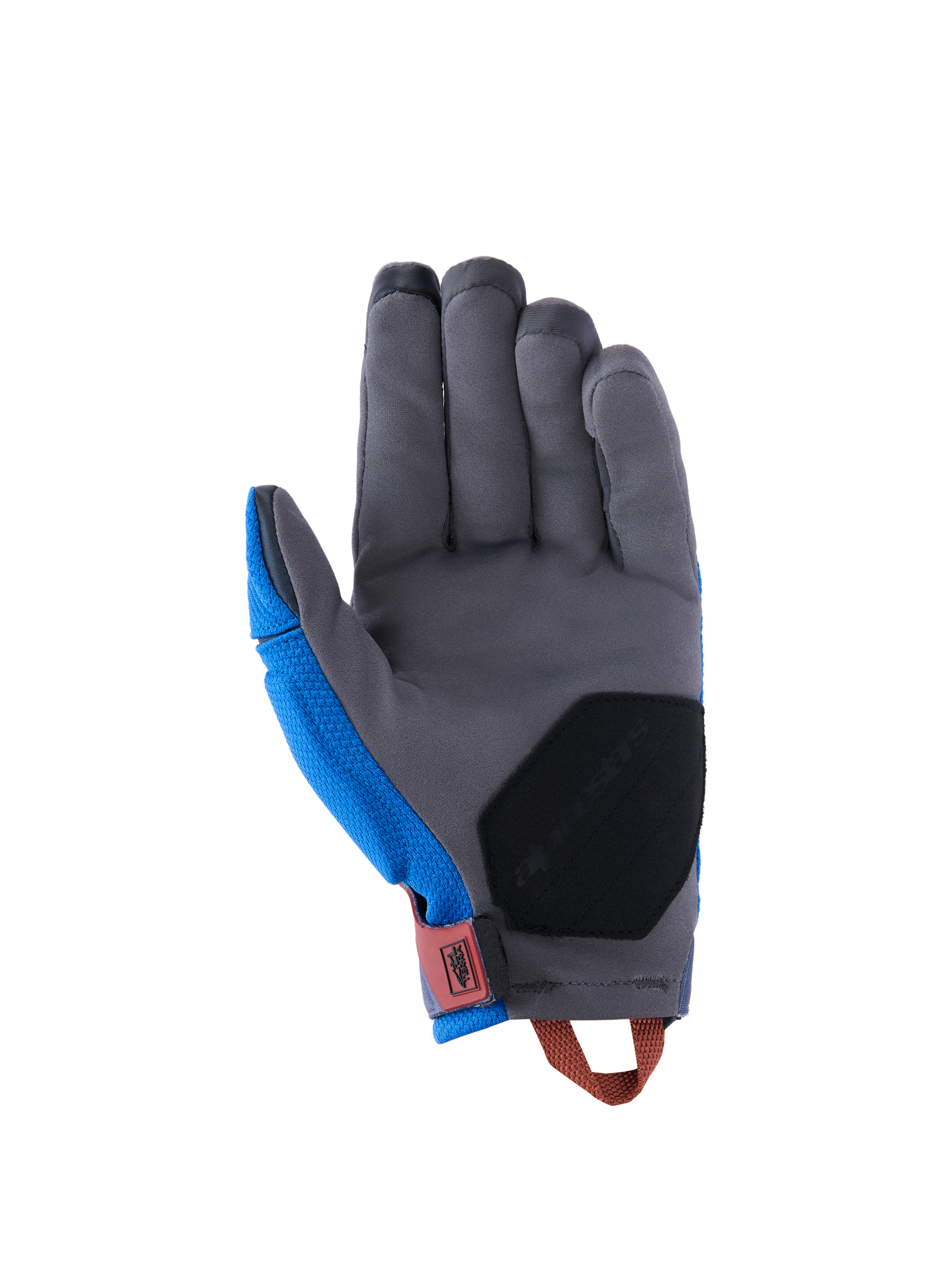 Guanti Alpinestars Durack, guanti da moto adventure, blu reale e grigio scuro, vista del palmo con struttura in pelle scamosciata sintetica grigia, imbottitura di rinforzo nera sulla base del palmo, linguetta del polso rossa e asola di trazione arancione.
