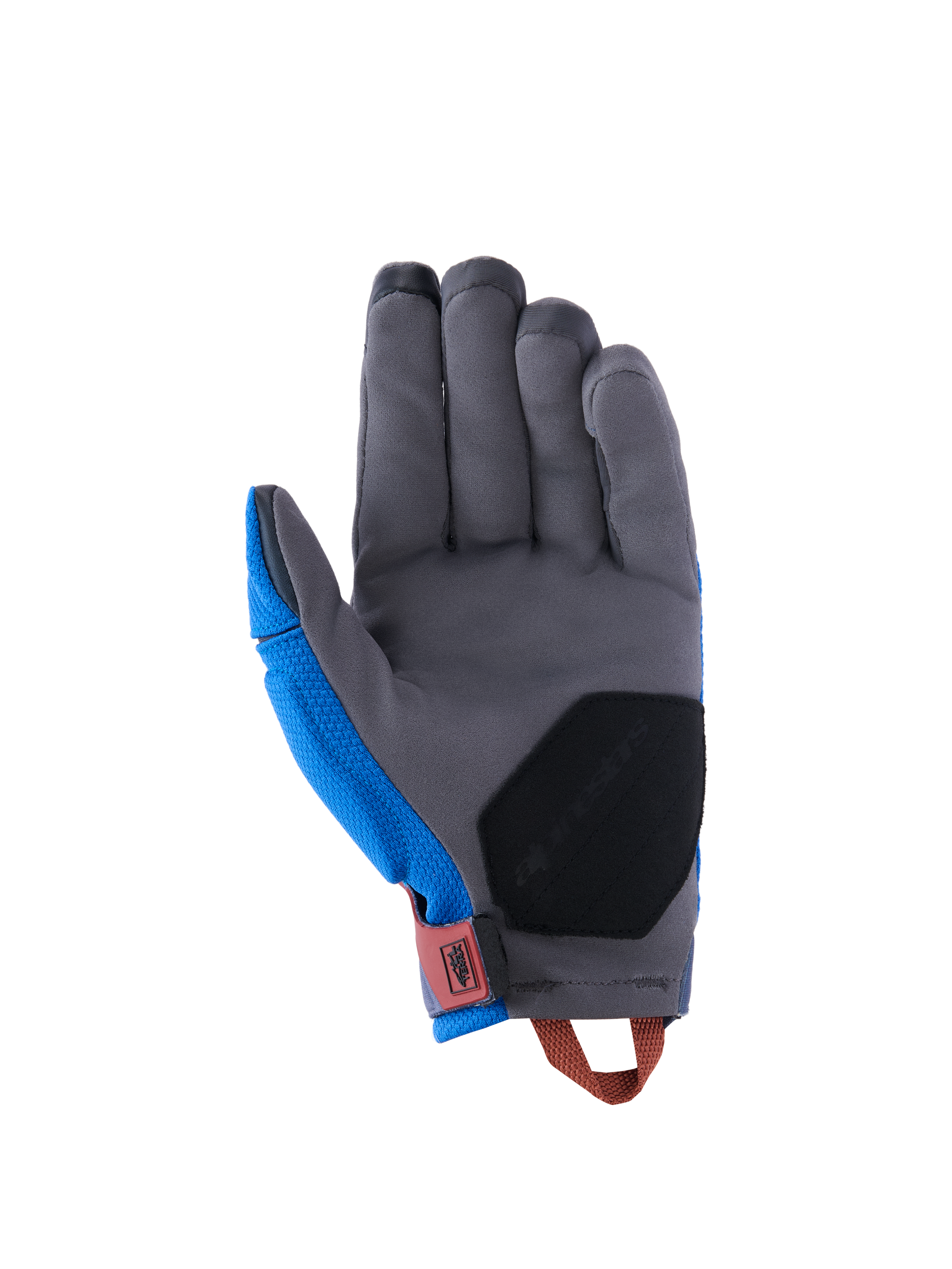 Guanti Alpinestars Durack, guanti da moto adventure, blu reale e grigio scuro, vista del palmo con struttura in pelle scamosciata sintetica grigia, imbottitura di rinforzo nera sulla base del palmo, linguetta del polso rossa e asola di trazione arancione.