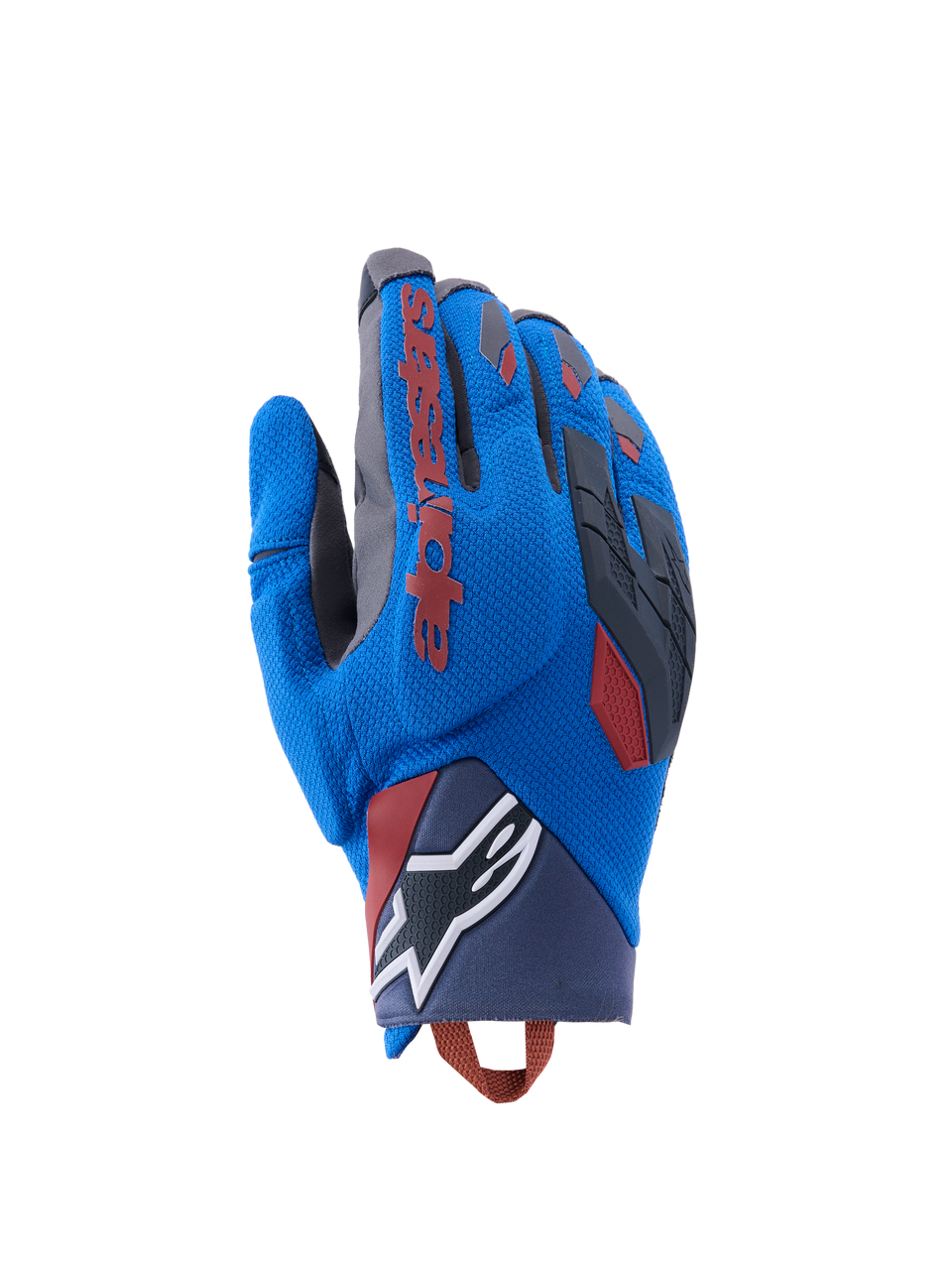 Guanti Alpinestars Durack, guanti da moto adventure, blu reale e grigio scuro, dorso in tessuto con protezione delle nocche in TPR, logo Alpinestars rosso sull'indice, logo a stella bianco sul polso, protezione leggera estiva dual sport