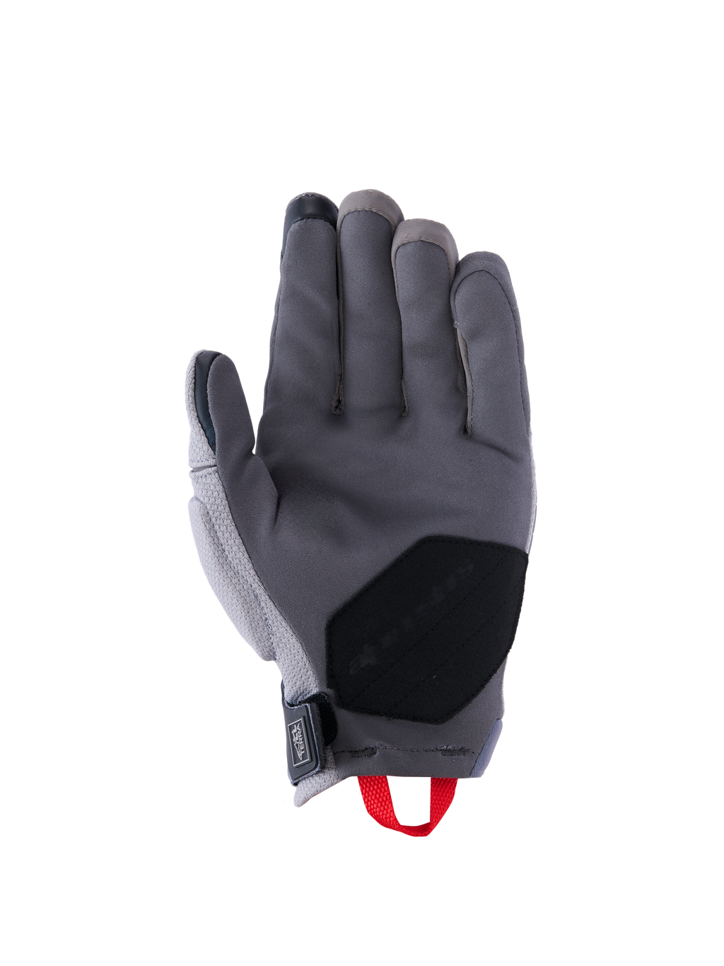 Guanti Alpinestars Durack, guanti da moto, grigio scuro e grigio medio, vista del palmo con costruzione in pelle scamosciata sintetica e rinforzo nero, passante rosso e chiusura del polso in neoprene, equipaggiamento adventure a polsino corto