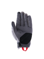 Guanti Alpinestars Durack, guanti da moto, grigio scuro e grigio medio, vista del palmo con costruzione in pelle scamosciata sintetica e rinforzo nero, passante rosso e chiusura del polso in neoprene, equipaggiamento adventure a polsino corto