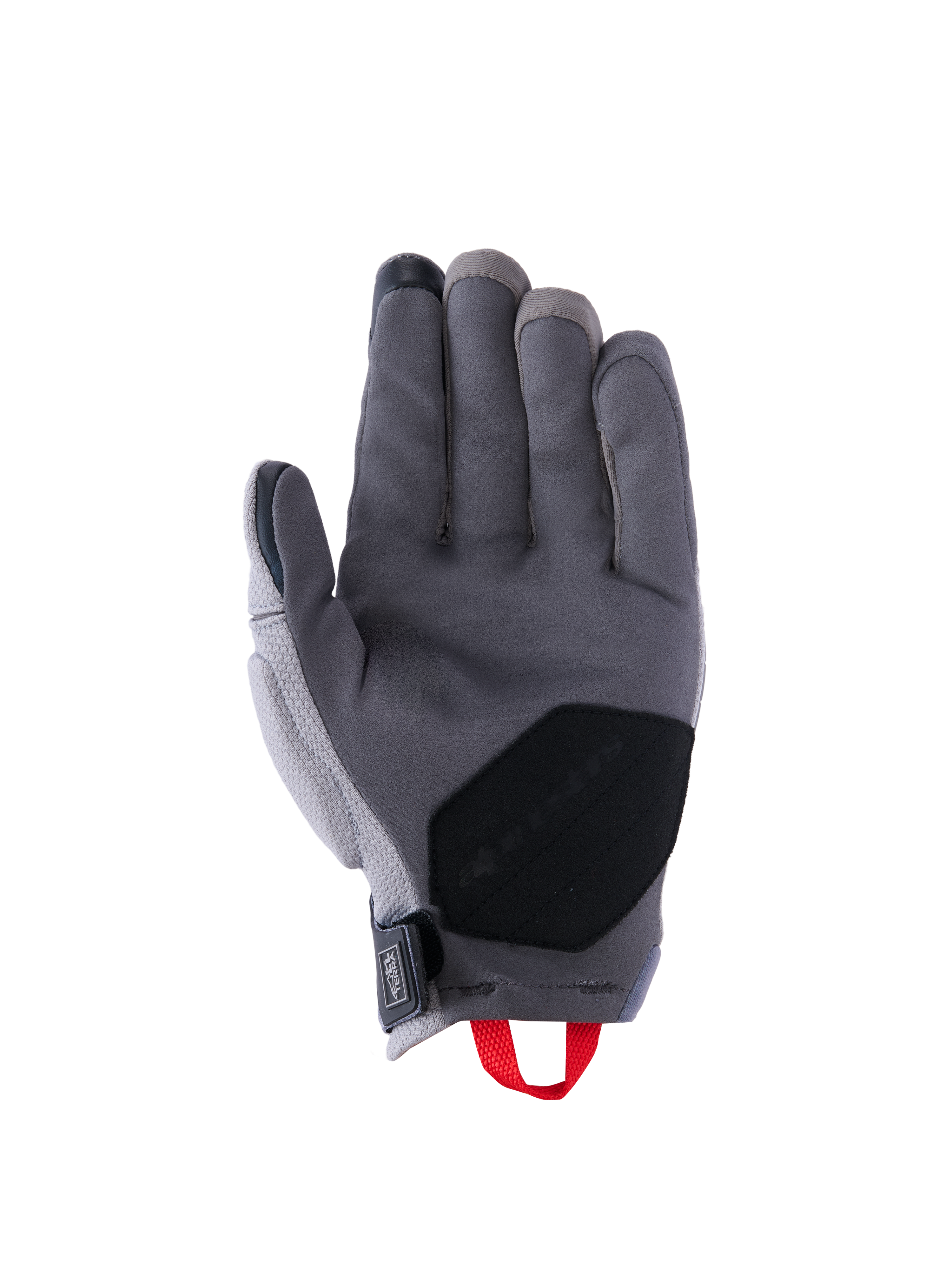 Guanti Alpinestars Durack, guanti da moto, grigio scuro e grigio medio, vista del palmo con costruzione in pelle scamosciata sintetica e rinforzo nero, passante rosso e chiusura del polso in neoprene, equipaggiamento adventure a polsino corto