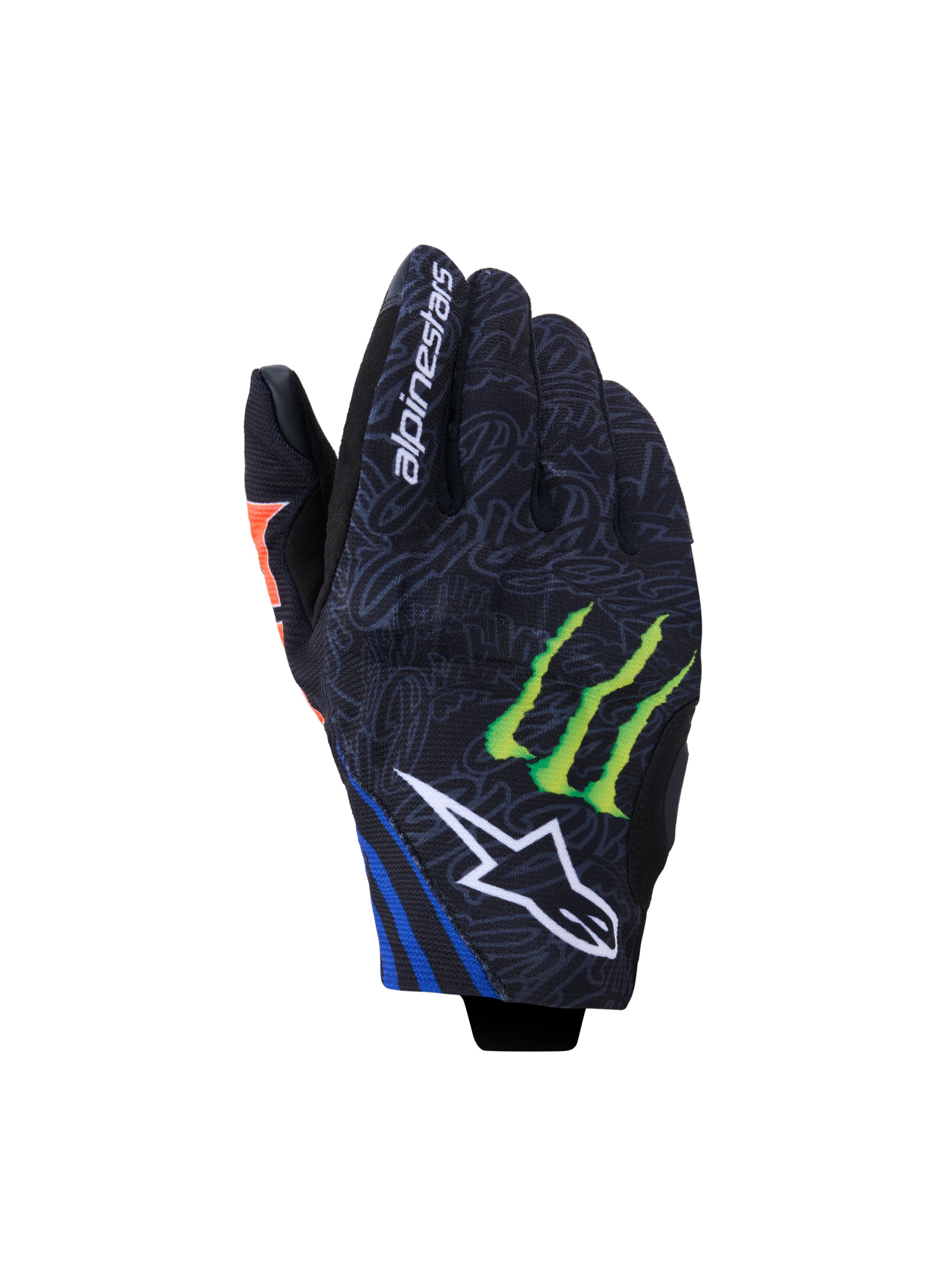 Guanti Alpinestars FQ20 Reef V2 Monster, guanti da moto, nero con accenti rosso fluo, blu e verde, con logo Monster Energy ad artiglio e logo Alpinestars a stella bianco, design a polsino corto in tessuto grigio a fantasia