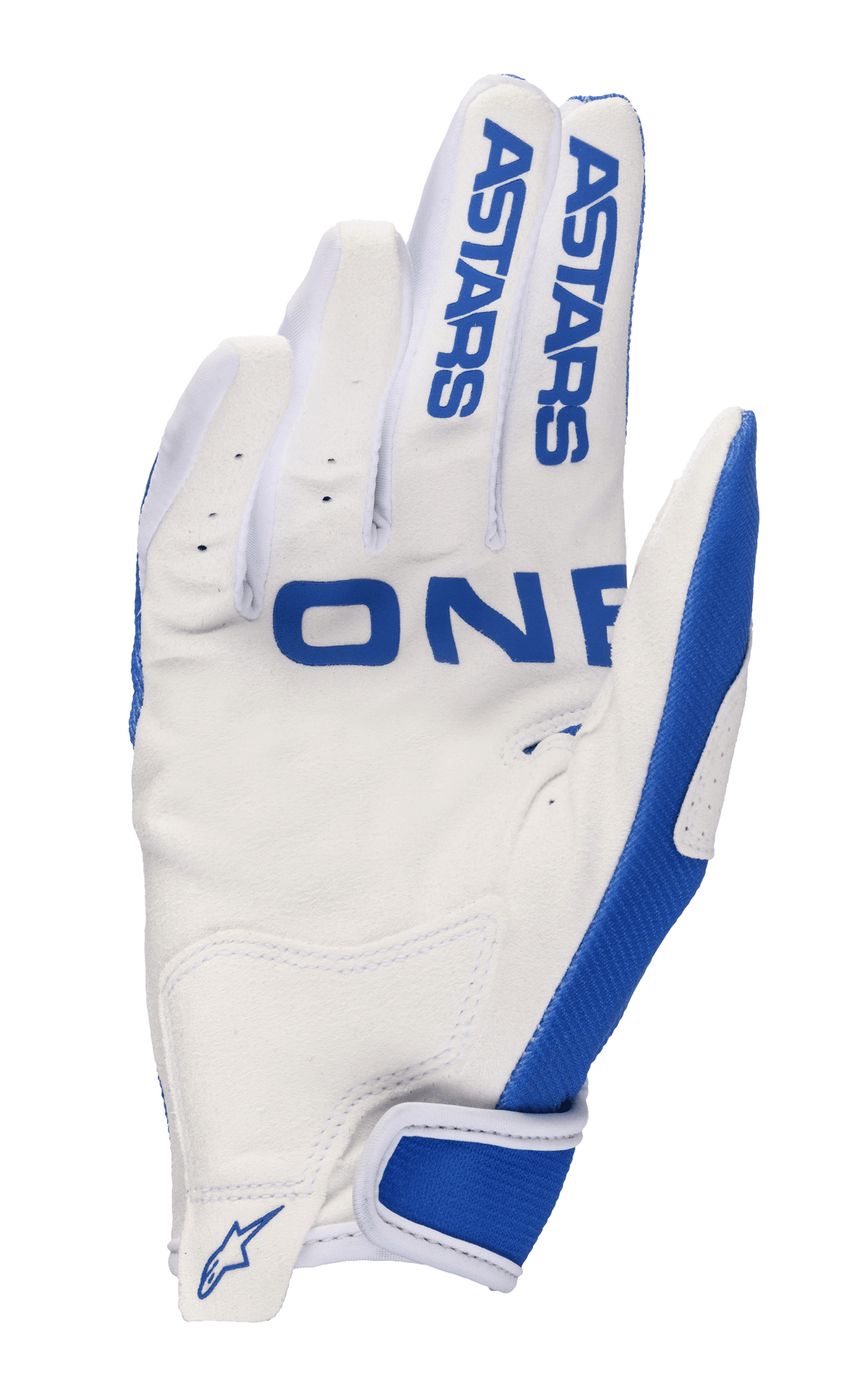 Alpinestars 2023 Radar Gloves, guanti da motocross, blu UCLA e bianco, vista del palmo in camoscio sintetico bianco con dettagli blu, marchio ASTARS sulle dita, palmo traforato per la traspirabilità e cinturino in velcro sul polso