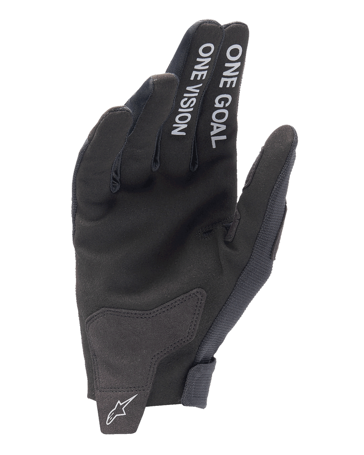 Guanti Alpinestars Radar 2025, guanti da motocross, nero, vista del palmo con scritte bianche 'ONE GOAL' e 'ONE VISION' sulle dita, palmo in camoscio sintetico, logo a stella bianco sulla chiusura del polso senza cuciture, design off-road minimalista