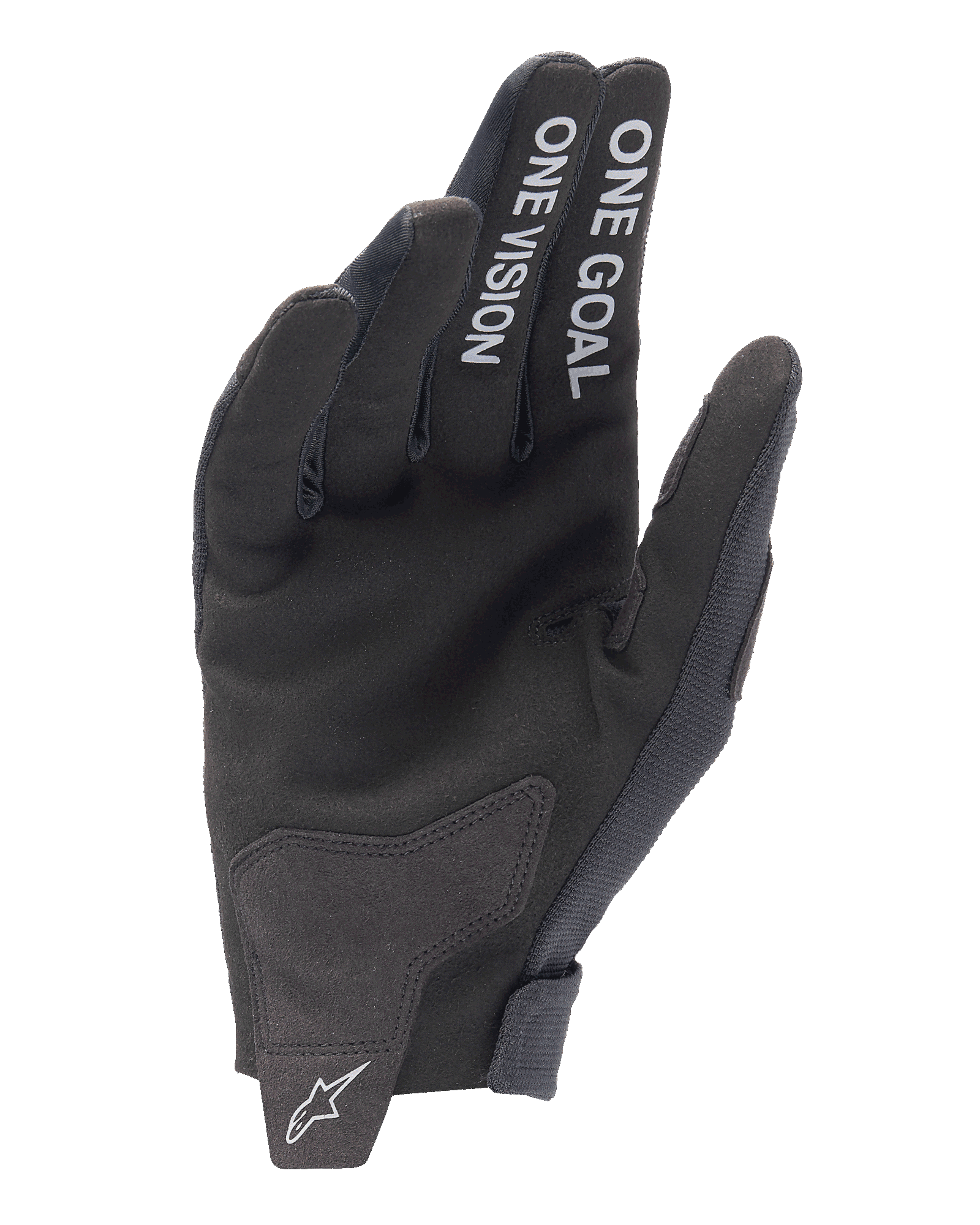 Guanti Alpinestars Radar 2025, guanti da motocross, nero, vista del palmo con scritte bianche 'ONE GOAL' e 'ONE VISION' sulle dita, palmo in camoscio sintetico, logo a stella bianco sulla chiusura del polso senza cuciture, design off-road minimalista