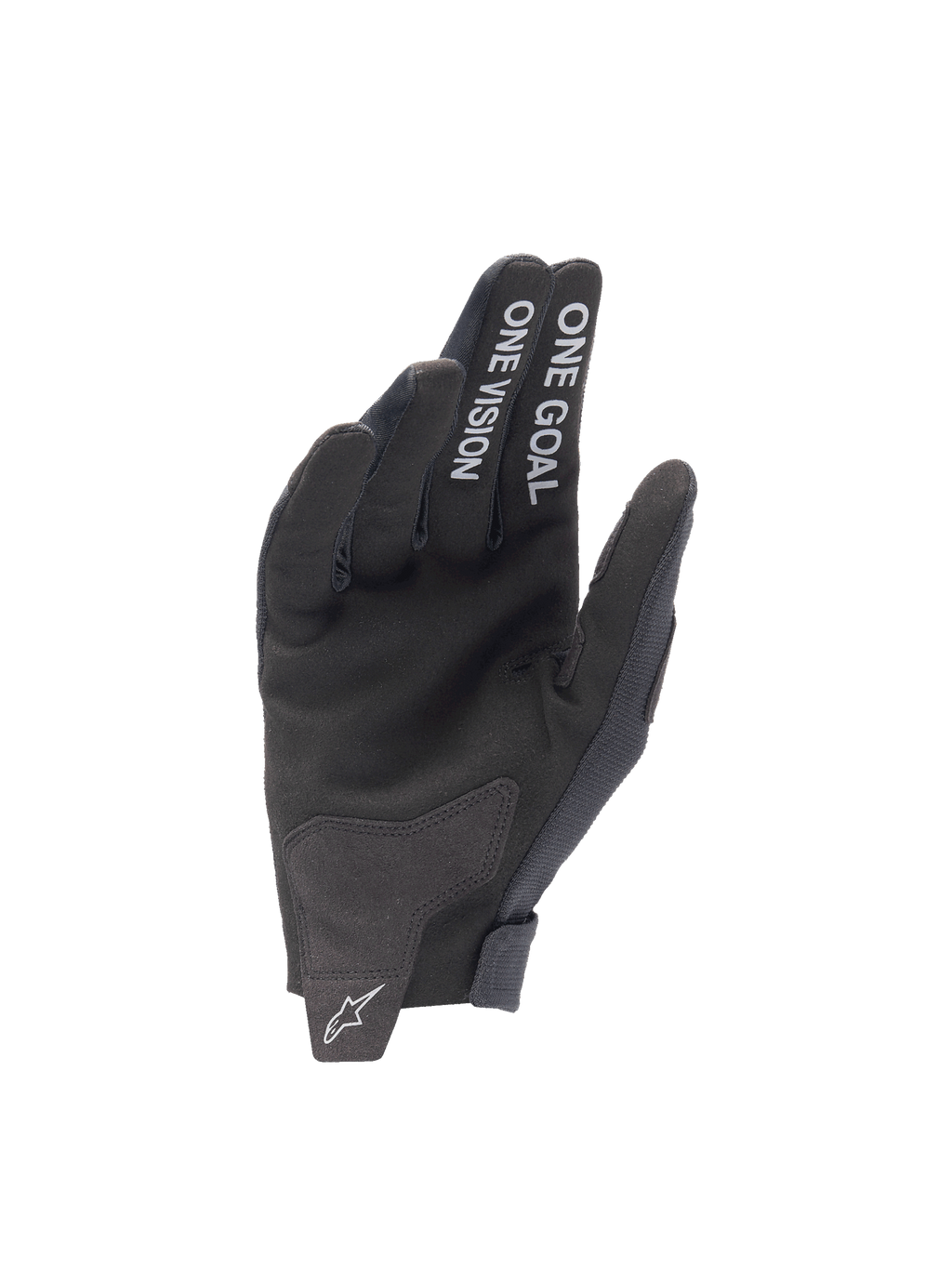 Alpinestars Guanti Radar 2025, guanti da motocross da uomo neri, palmo in camoscio sintetico con scritta One Goal One Vision sulle dita e logo Astar sulla linguetta.