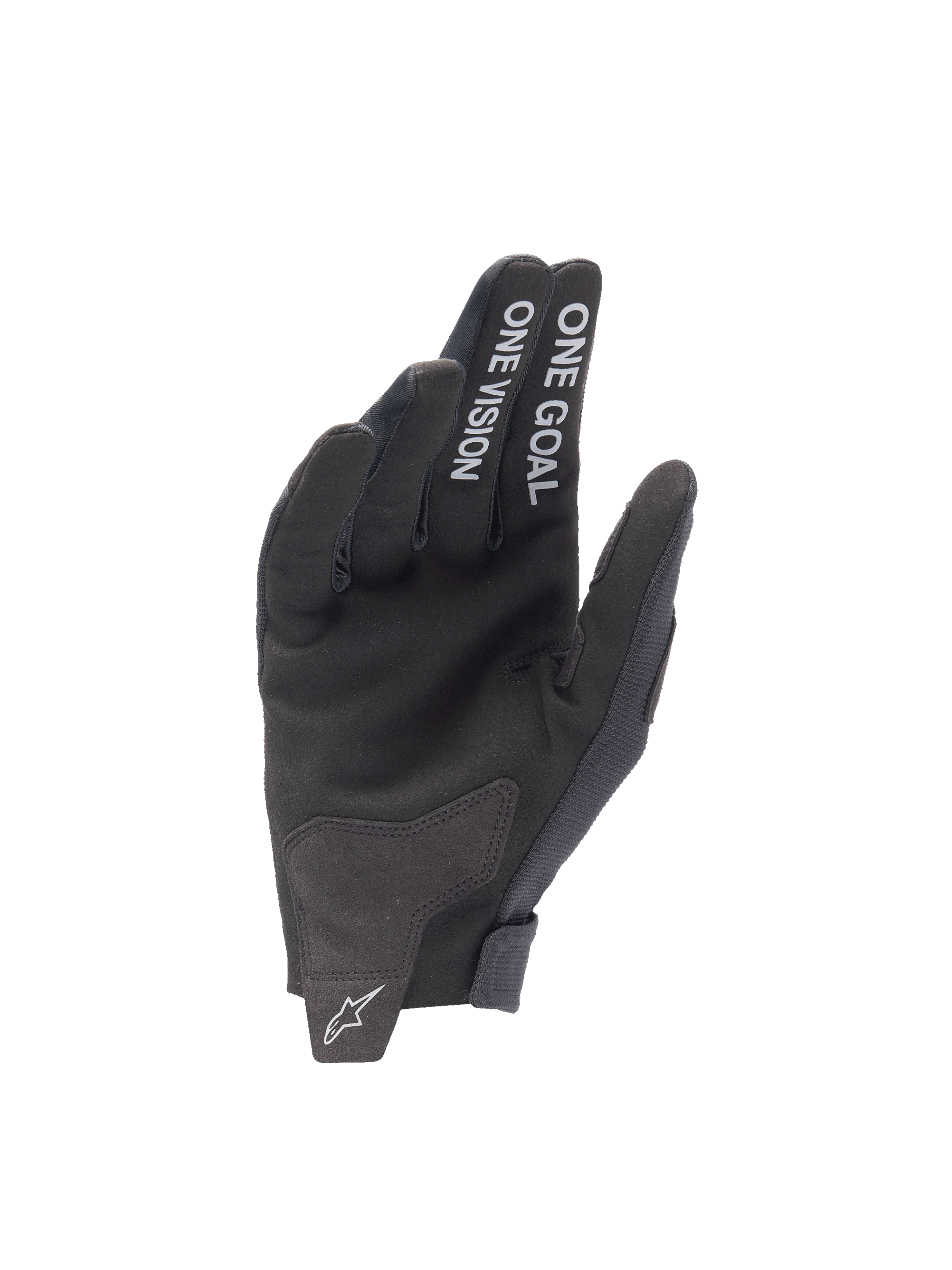 Alpinestars Guanti Radar 2025, guanti da motocross da uomo neri, palmo in camoscio sintetico con scritta One Goal One Vision sulle dita e logo Astar sulla linguetta.