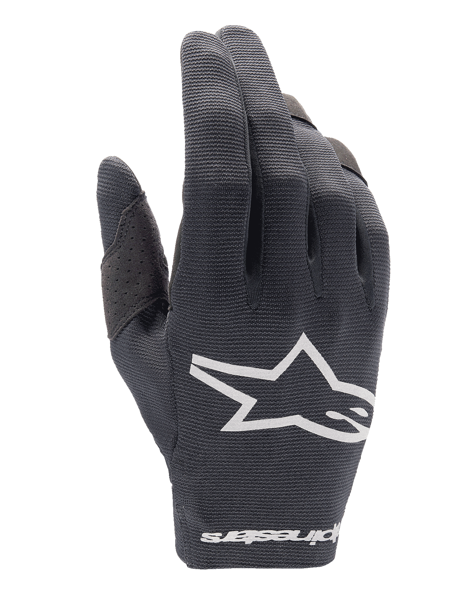 Alpinestars Guanti Radar 2025, guanti da motocross, nero, logo Alpinestars bianco sul dorso e scritta sul polso, materiale mesh traspirante con rinforzo traforato sul pollice, attrezzatura leggera per corse fuoristrada