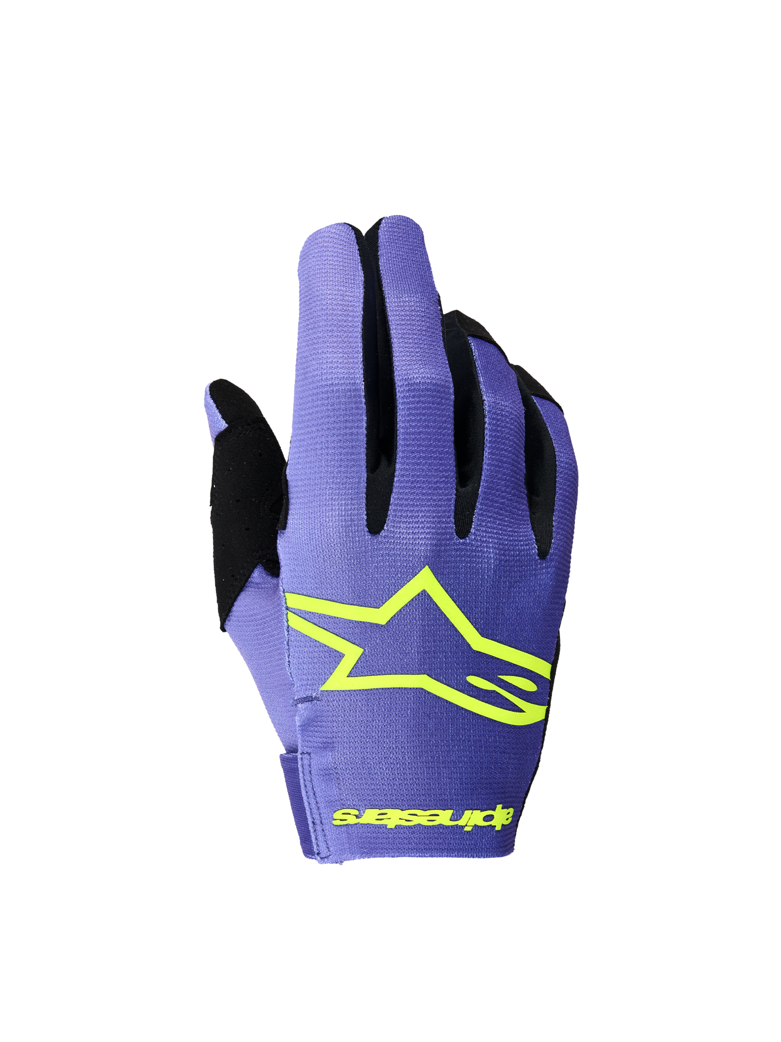 Alpinestars Guanti Radar 2026, guanti da motocross per uomo, viola e giallo fluo, costruzione elasticizzata leggera.