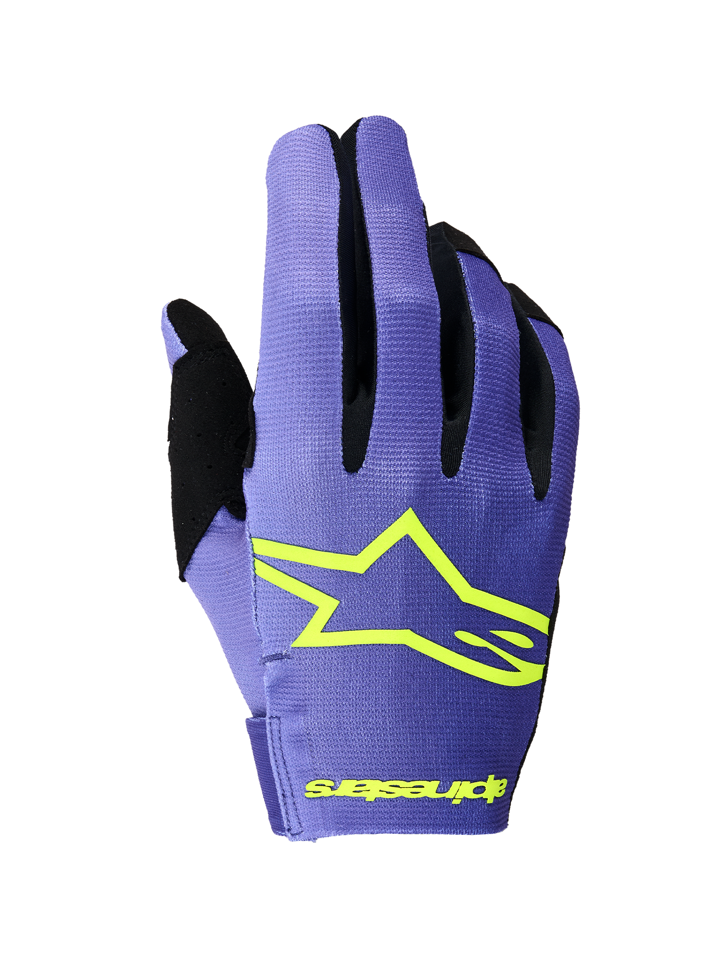 Guanti Alpinestars Radar 2026, guanti da motocross, viola e giallo fluo, vista del dorso con prominente logo a stella Alpinestars giallo, inserti tra le dita neri e struttura in leggero tessuto elasticizzato per corse fuoristrada