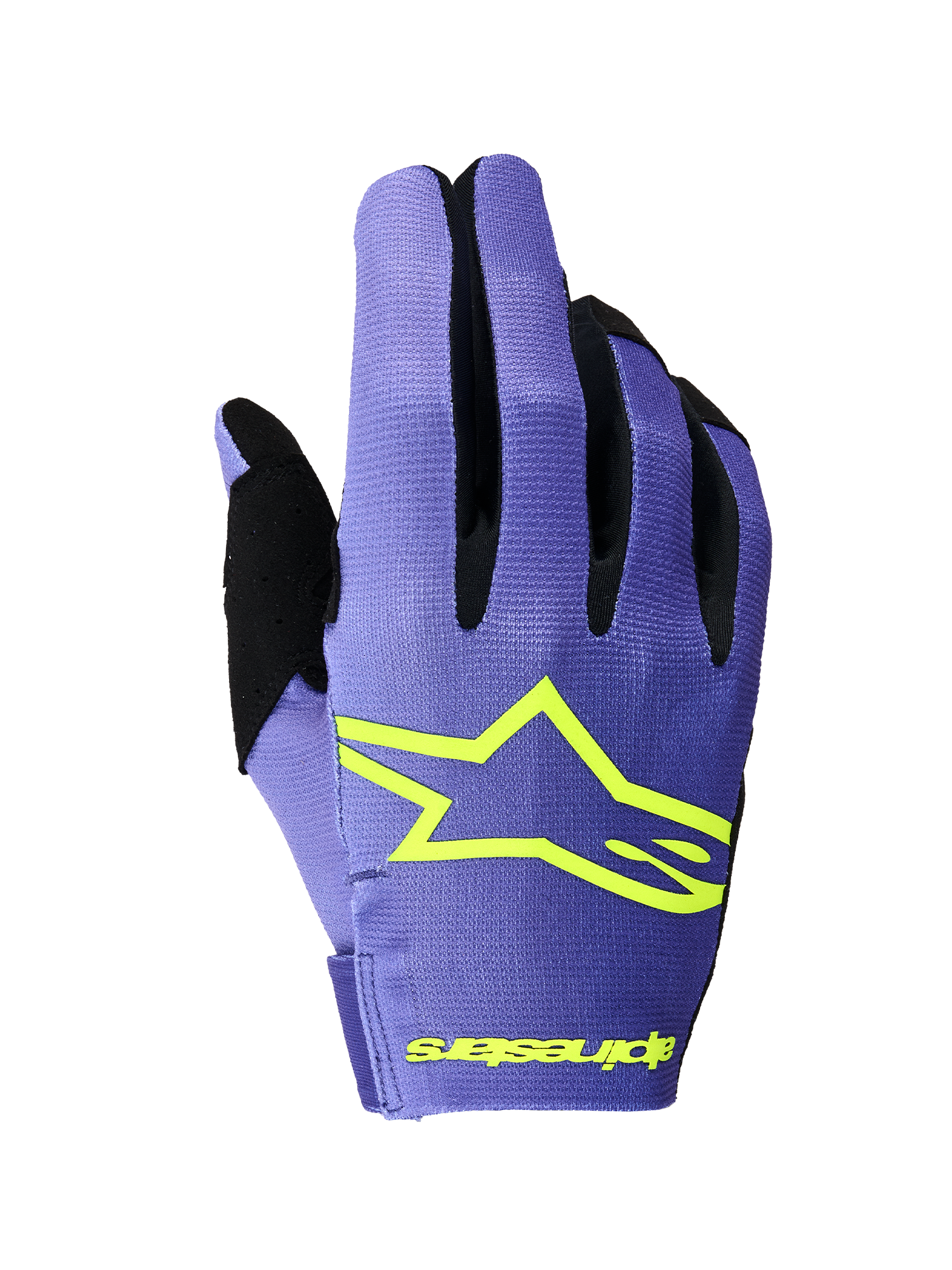 Guanti Alpinestars Radar 2026, guanti da motocross, viola e giallo fluo, vista del dorso con prominente logo a stella Alpinestars giallo, inserti tra le dita neri e struttura in leggero tessuto elasticizzato per corse fuoristrada
