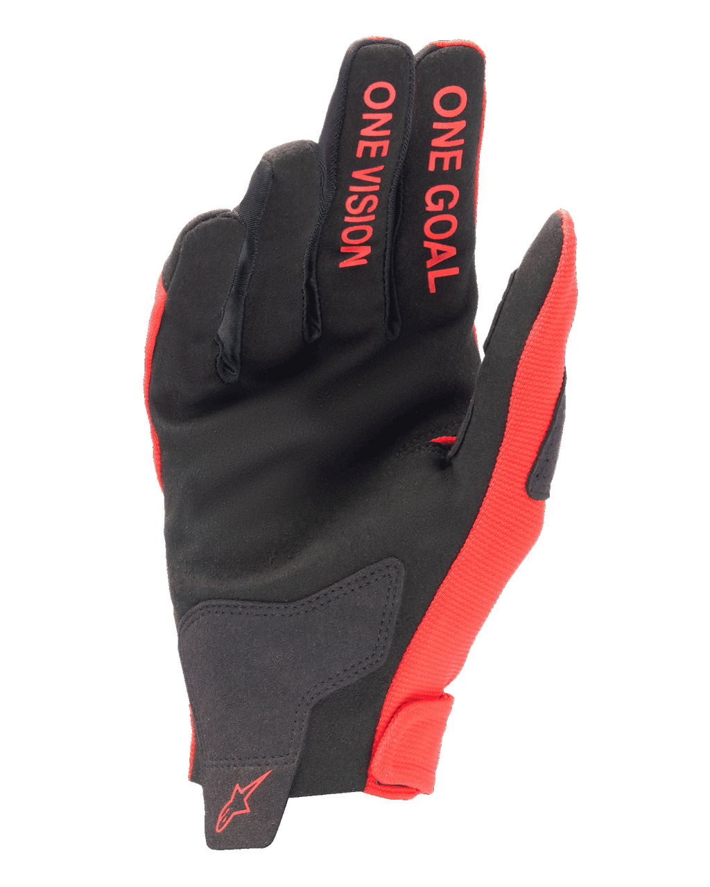 Alpinestars 2025 Radar Gloves, guanti da motocross, Rosso Marte e nero, vista del palmo in camoscio sintetico, scritte rosse 'ONE GOAL' e 'ONE VISION' sulle dita, logo rosso sul polso, equipaggiamento performante da fuoristrada