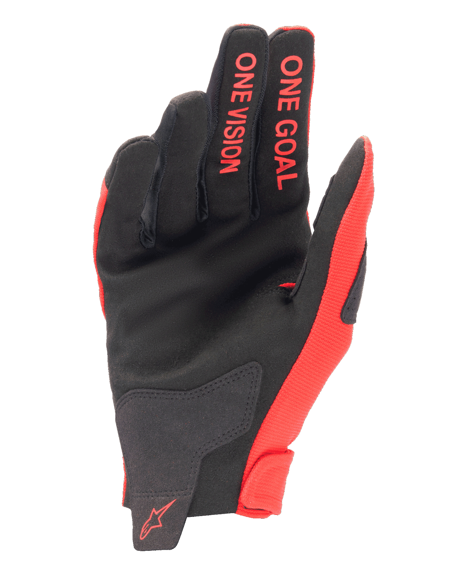 Alpinestars 2025 Radar Gloves, guanti da motocross, Rosso Marte e nero, vista del palmo in camoscio sintetico, scritte rosse 'ONE GOAL' e 'ONE VISION' sulle dita, logo rosso sul polso, equipaggiamento performante da fuoristrada
