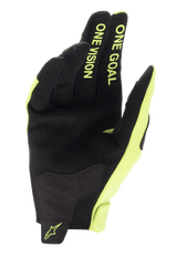Alpinestars guanti Radar 2025, guanti motocross, nero e giallo fluo, palmo sintetico con testo One Goal One Vision.