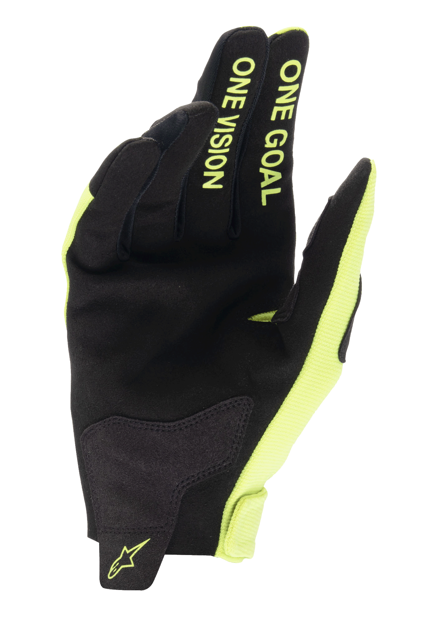 Alpinestars guanti Radar 2025, guanti motocross, nero e giallo fluo, palmo sintetico con testo One Goal One Vision.