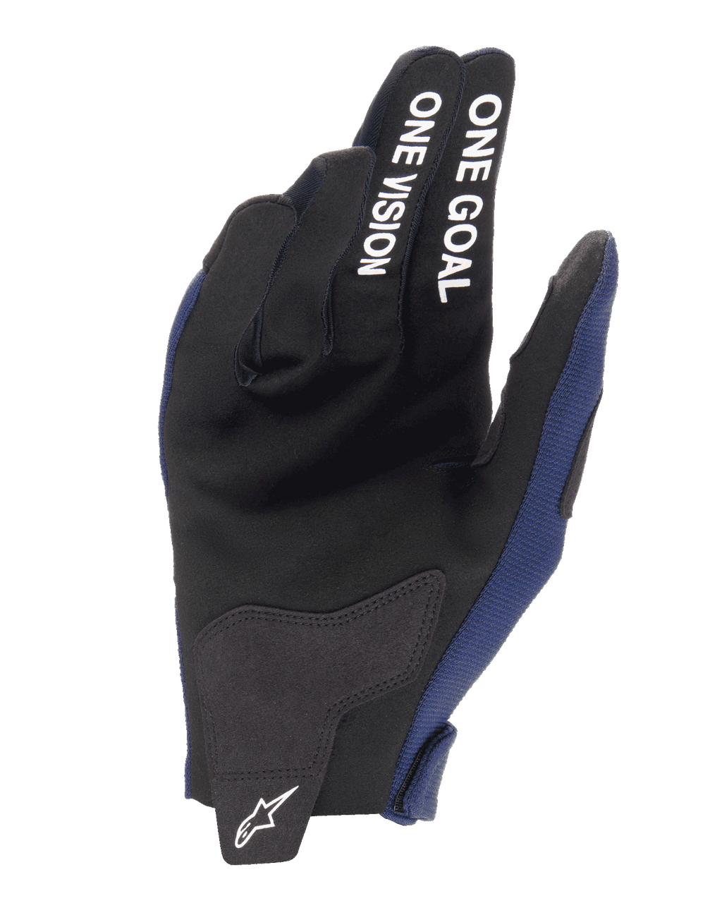 Guanti Alpinestars Radar 2025, guanti da motocross, blu notte e bianco, vista del palmo con rinforzi in camoscio sintetico e scritta bianca 'ONE GOAL ONE VISION' sulle dita, logo Alpinestars bianco sulla linguetta di chiusura