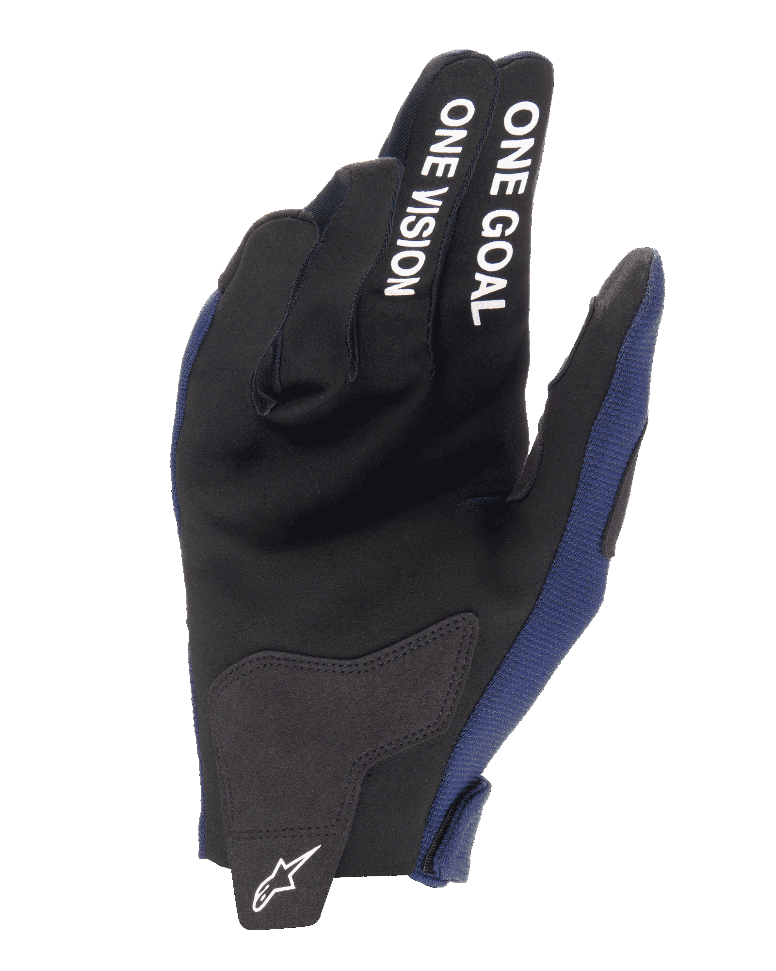Guanti Alpinestars Radar 2025, guanti da motocross, blu notte e bianco, vista del palmo con rinforzi in camoscio sintetico e scritta bianca 'ONE GOAL ONE VISION' sulle dita, logo Alpinestars bianco sulla linguetta di chiusura