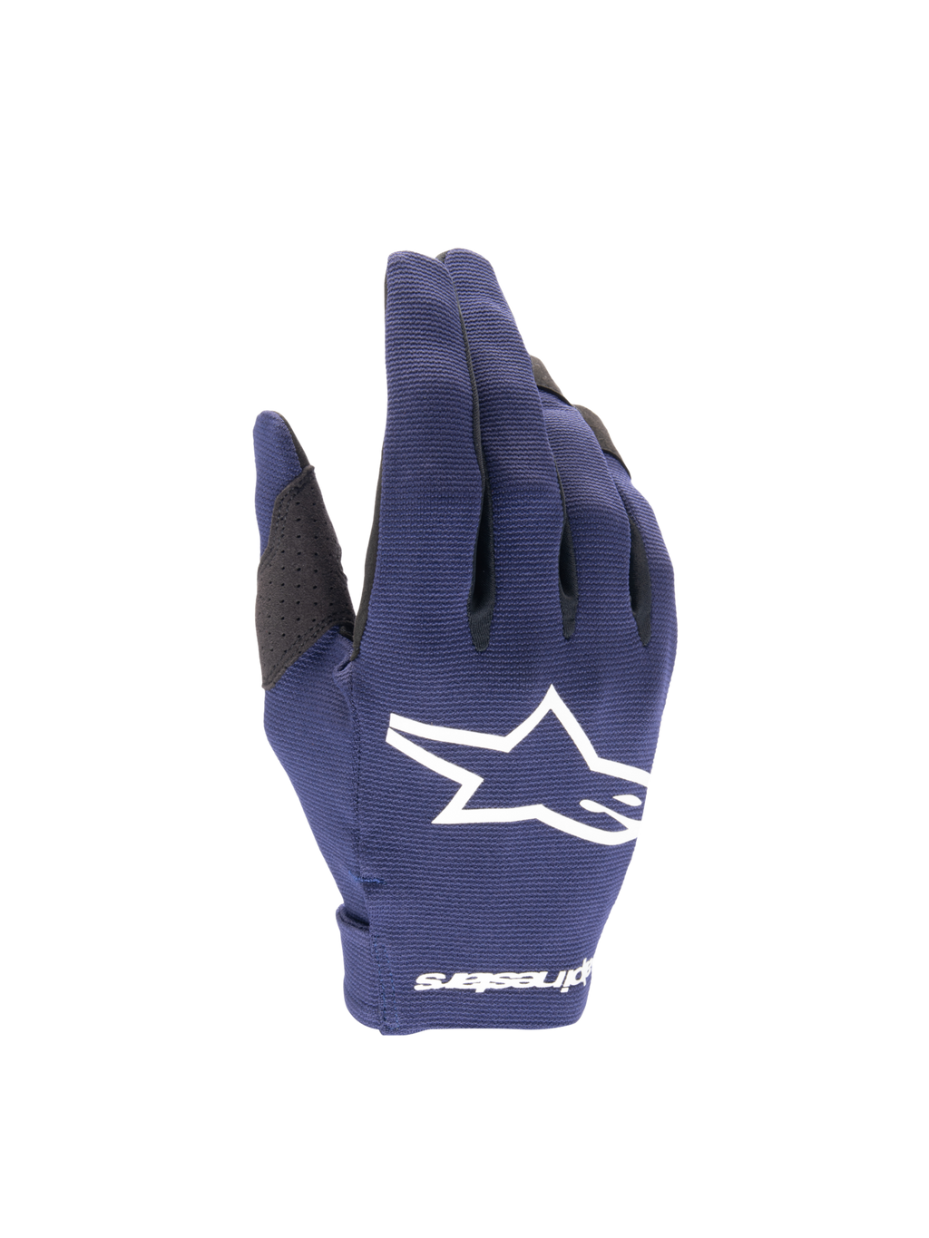 Alpinestars guanti Radar 2025, guanti da motocross da uomo, blu notte e bianchi, in tessuto elasticizzato con logo a stella.