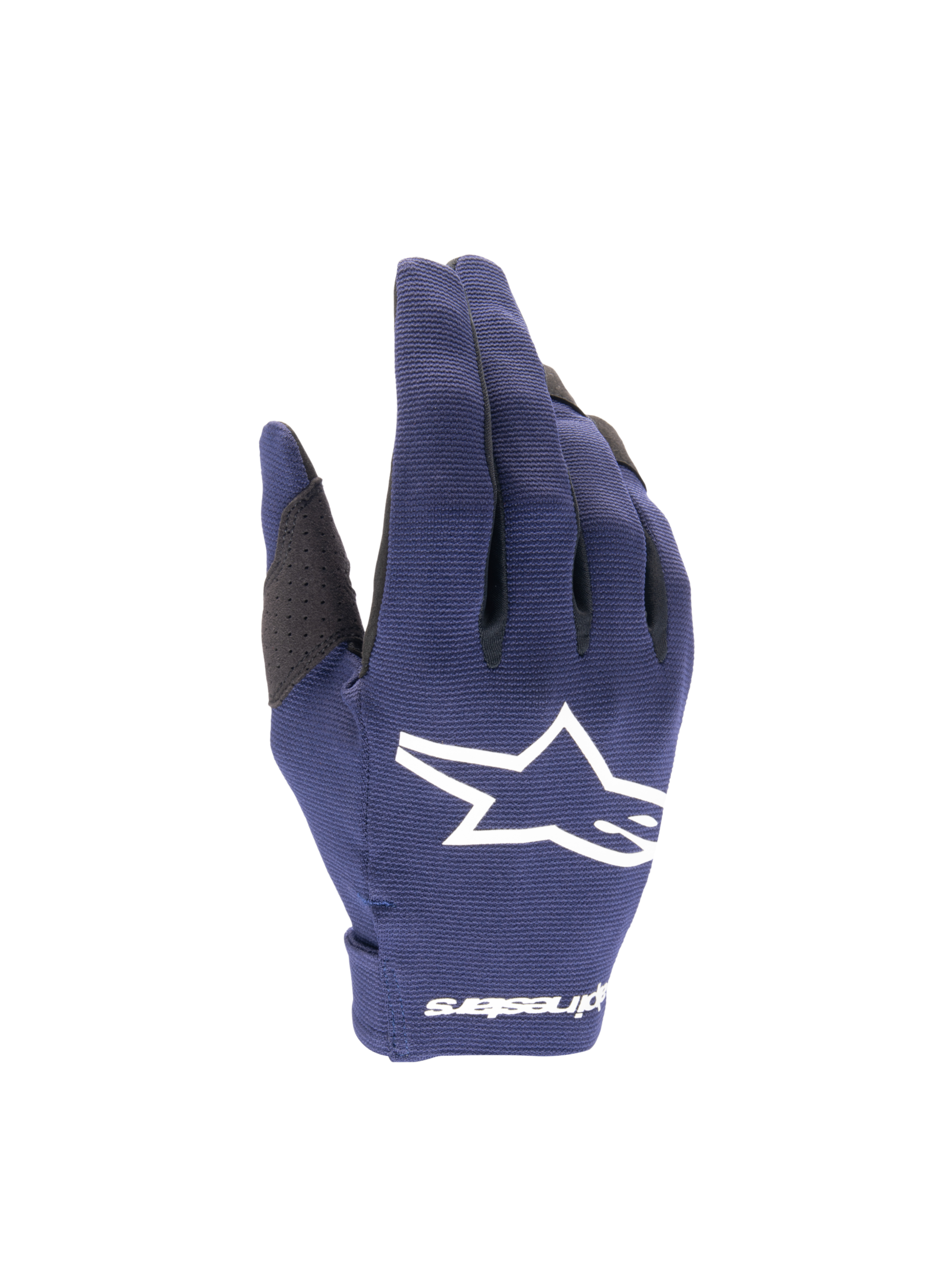 Alpinestars guanti Radar 2025, guanti da motocross da uomo, blu notte e bianchi, in tessuto elasticizzato con logo a stella.
