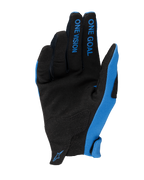Alpinestars 2025 Radar Gloves, guanti da motocross, blu e nero, vista del palmo in pelle scamosciata sintetica, scritta 'ONE GOAL ONE VISION' sulle dita, pannelli laterali blu e piccolo logo sul polso, design leggero per corse fuoristrada