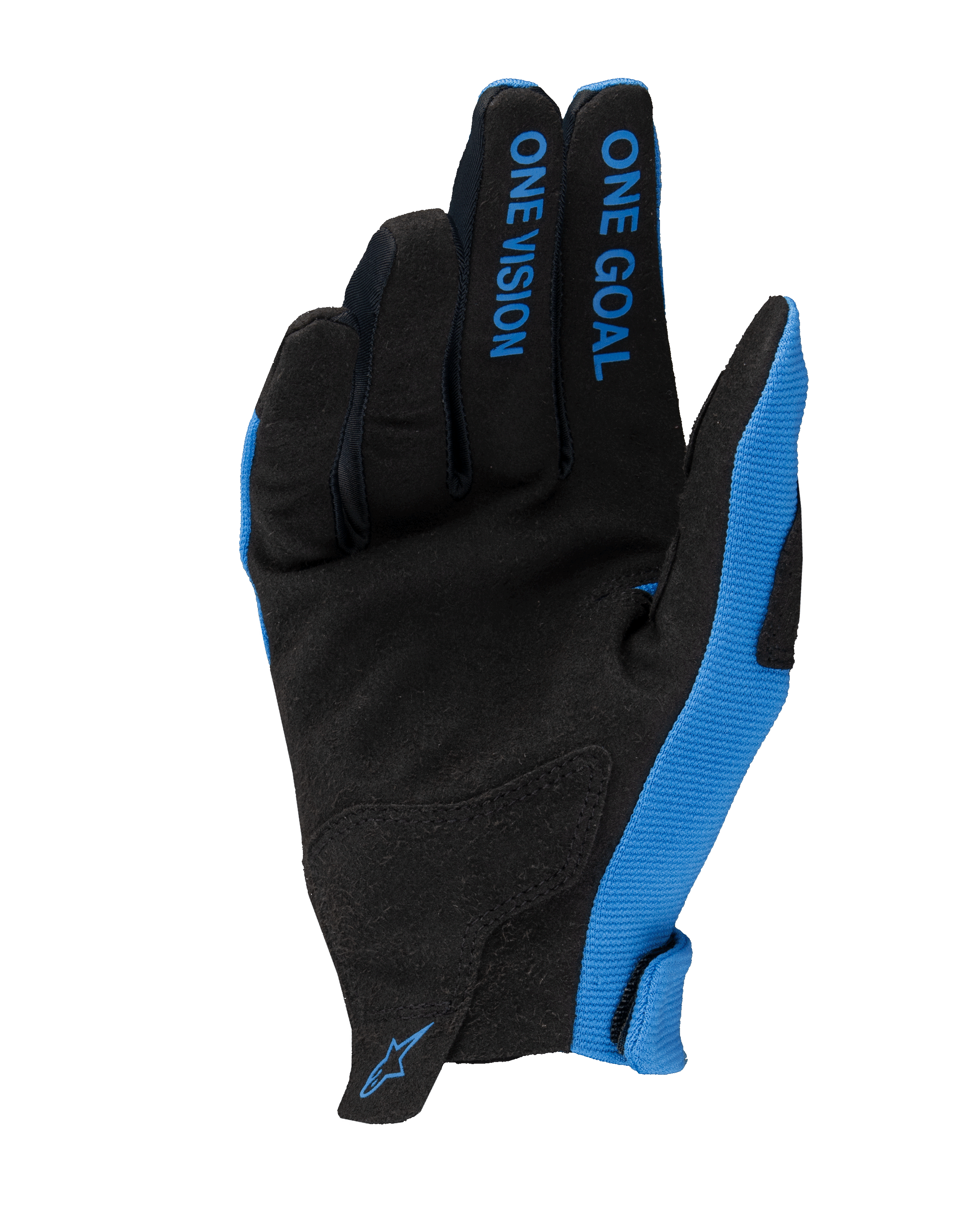 Alpinestars 2025 Radar Gloves, guanti da motocross, blu e nero, vista del palmo in pelle scamosciata sintetica, scritta 'ONE GOAL ONE VISION' sulle dita, pannelli laterali blu e piccolo logo sul polso, design leggero per corse fuoristrada