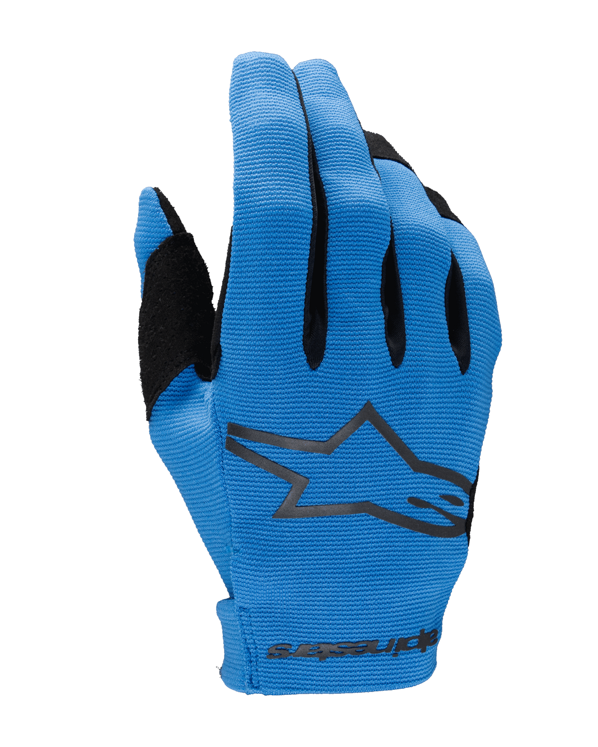 Alpinestars 2025 Radar Gloves, guanti da motocross, blu e neri, vista del dorso con tessuto elasticizzato testurizzato, grande logo a stella Alpinestars nero, zona del pollice rinforzata e chiusura del polso senza cuciture con marchio