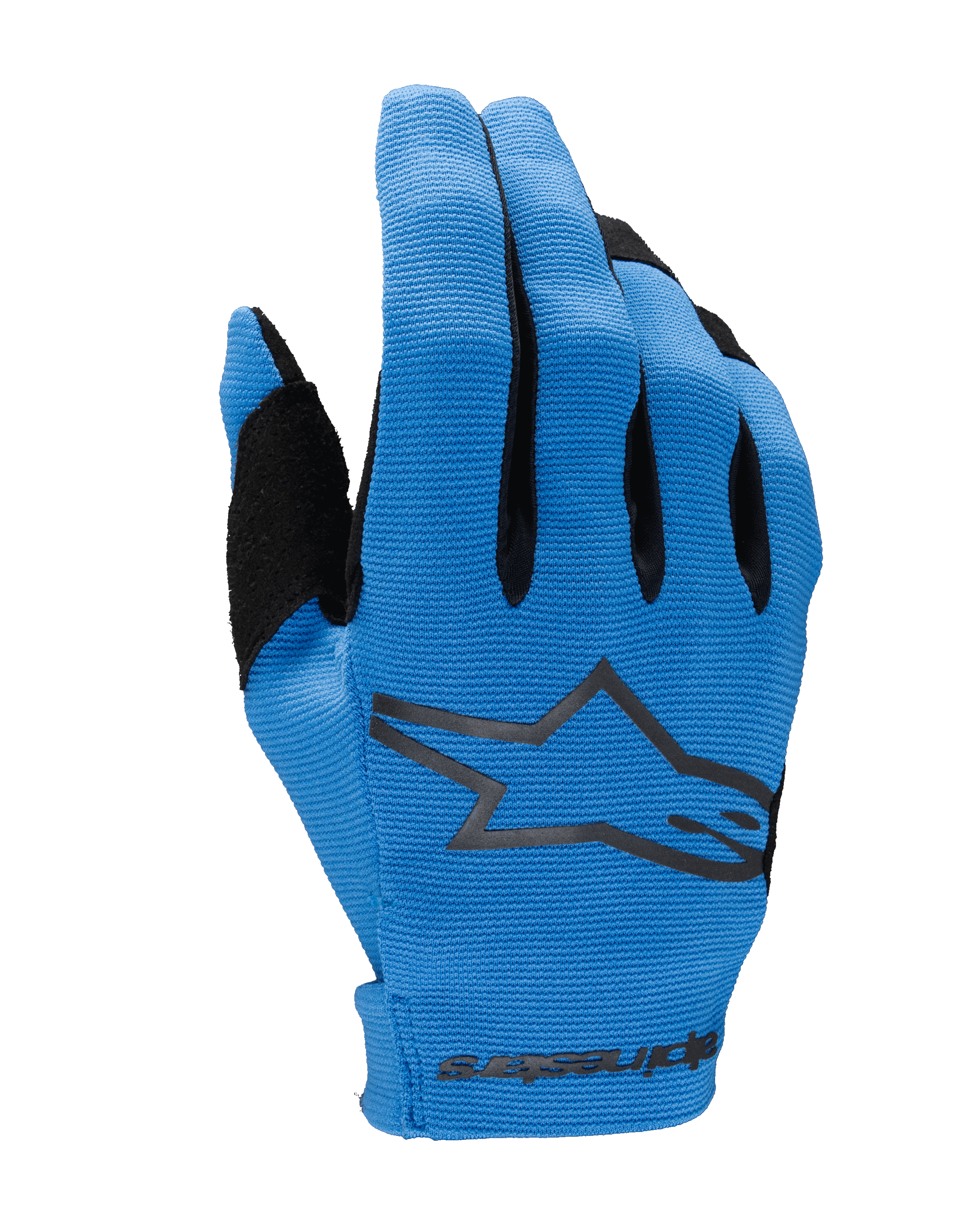 Alpinestars 2025 Radar Gloves, guanti da motocross, blu e neri, vista del dorso con tessuto elasticizzato testurizzato, grande logo a stella Alpinestars nero, zona del pollice rinforzata e chiusura del polso senza cuciture con marchio