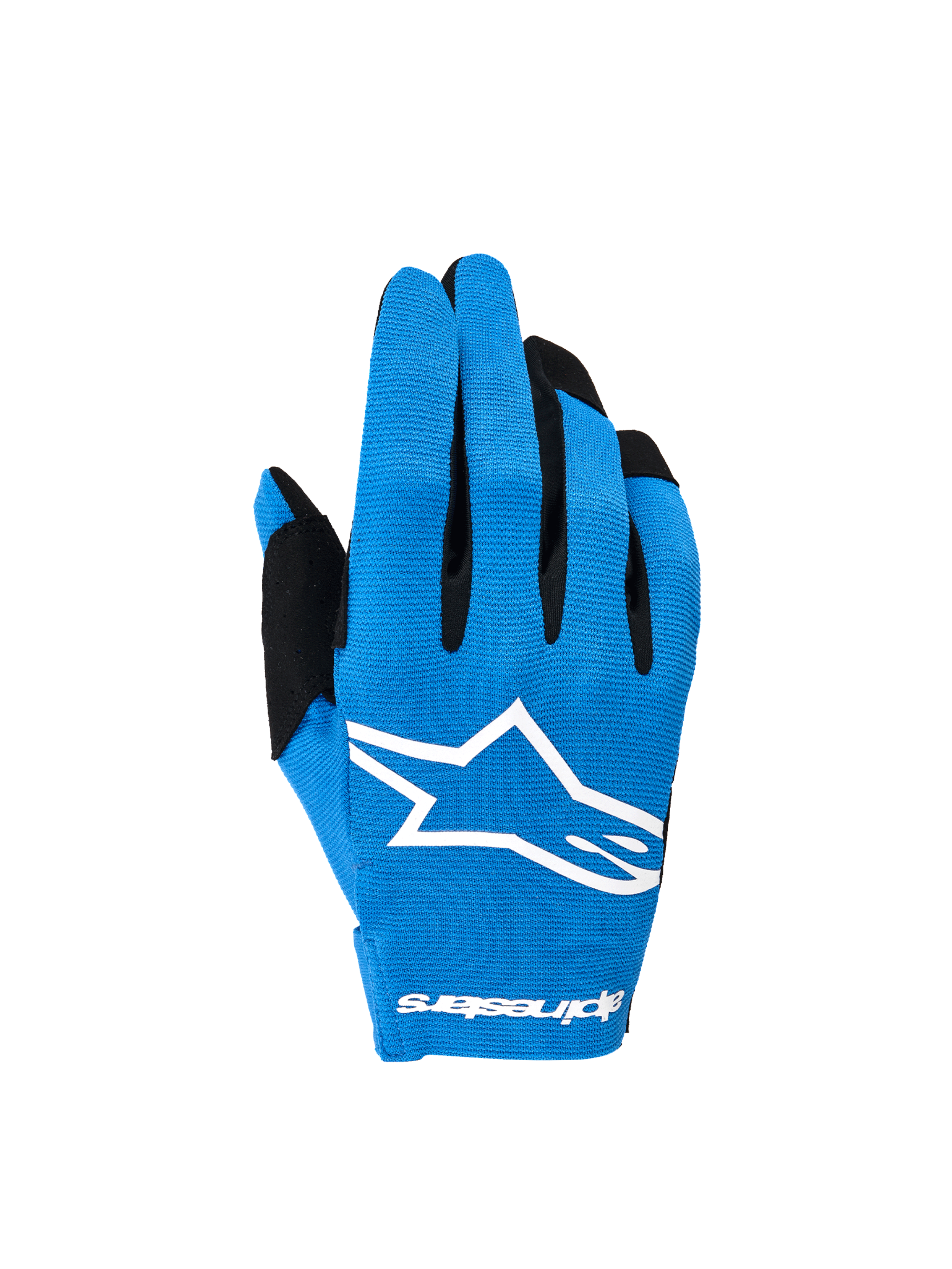 Alpinestars Guanti Radar 2026, guanti da motocross da uomo, blu e bianchi, con dorso elasticizzato e logo Astars sublimato.