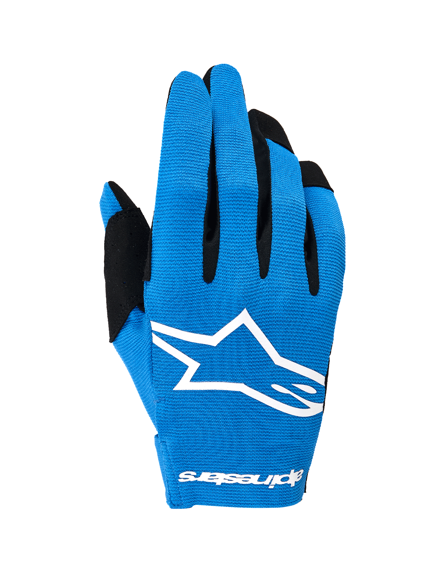 Alpinestars Radar Gloves 2026, guanti da motocross, blu e bianco, caratterizzati da un dorso elasticizzato monostrato con un grande logo Astars bianco, inserti neri sulle dita, design leggero e performante per la guida fuoristrada