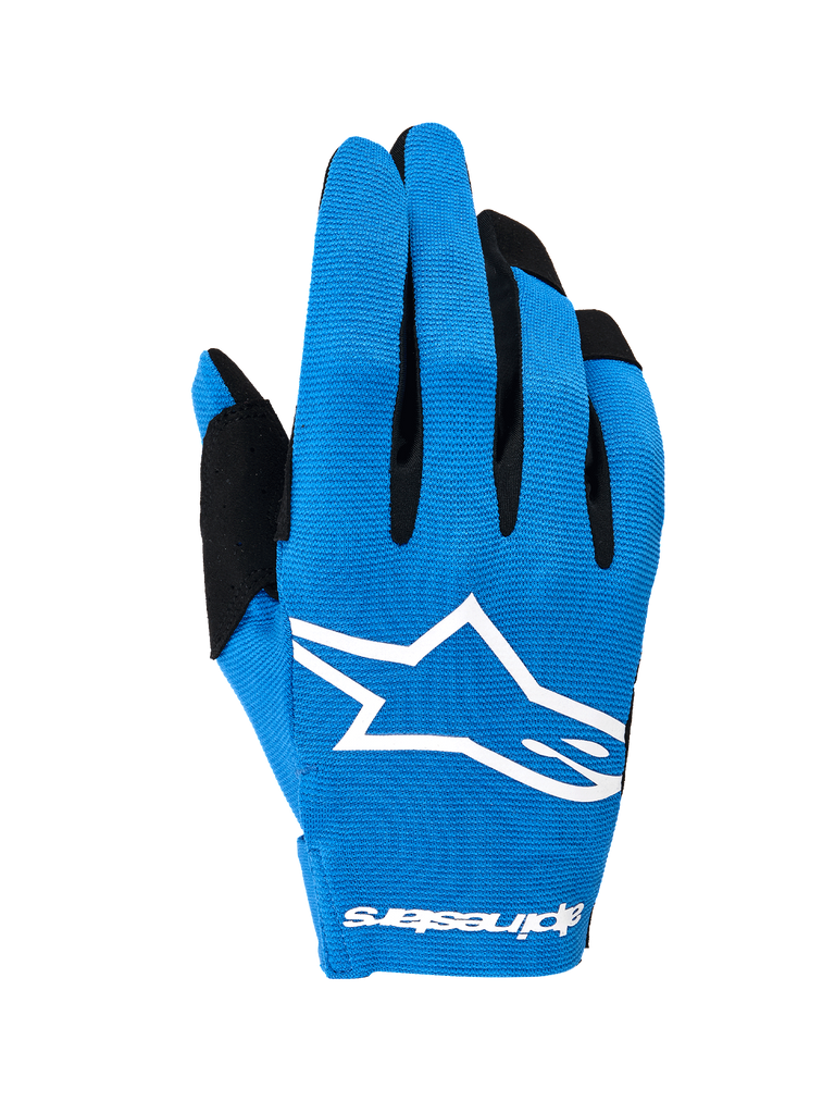 Alpinestars Radar Gloves 2026, guanti da motocross, blu e bianco, caratterizzati da un dorso elasticizzato monostrato con un grande logo Astars bianco, inserti neri sulle dita, design leggero e performante per la guida fuoristrada