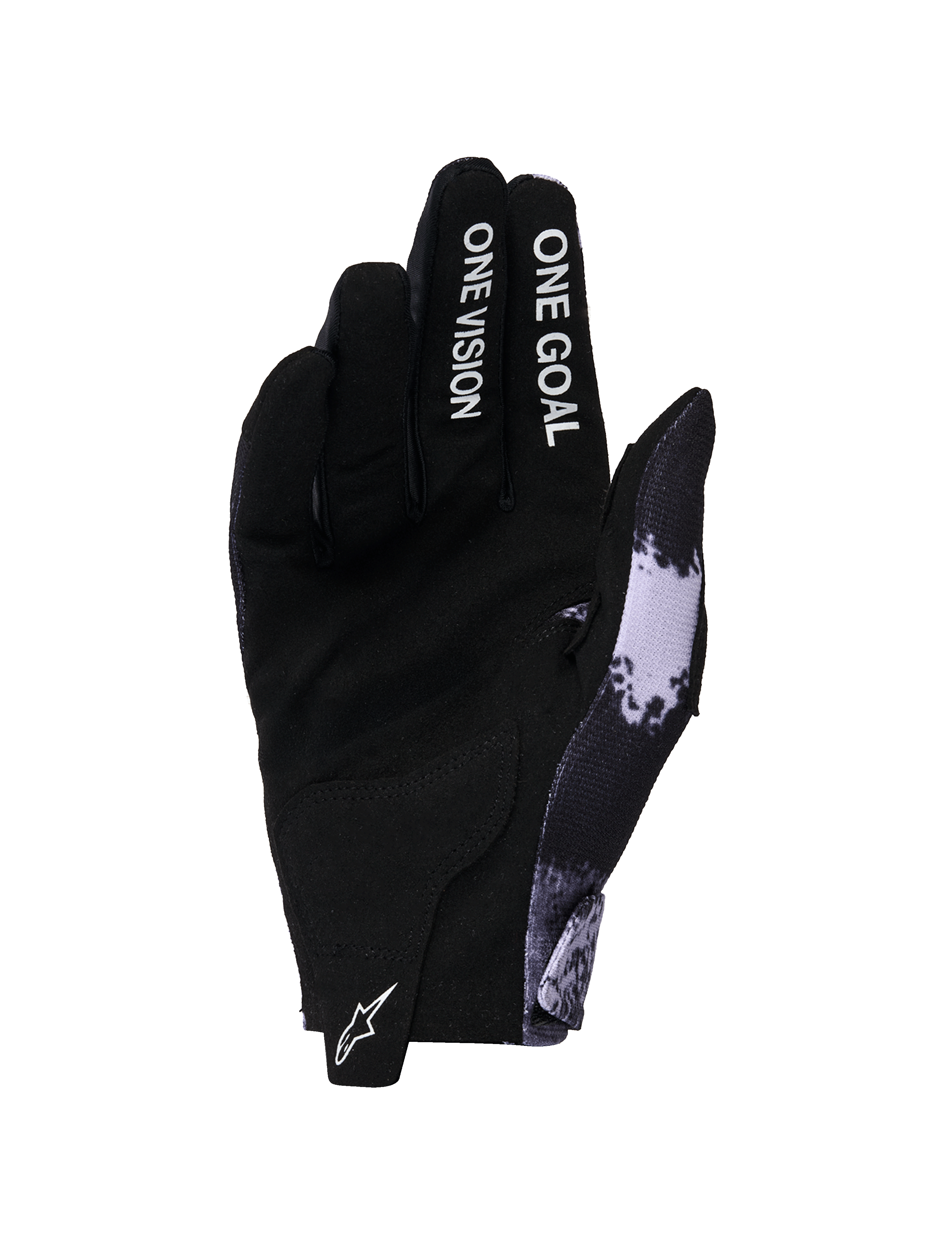 Guanti Alpinestars Radar 2026, guanti da motocross, Iron Camo e nero, vista del palmo con costruzione in pelle scamosciata sintetica, scritta 'ONE GOAL ONE VISION' sulle dita, logo Astars bianco sulla linguetta, design per prestazioni off-road