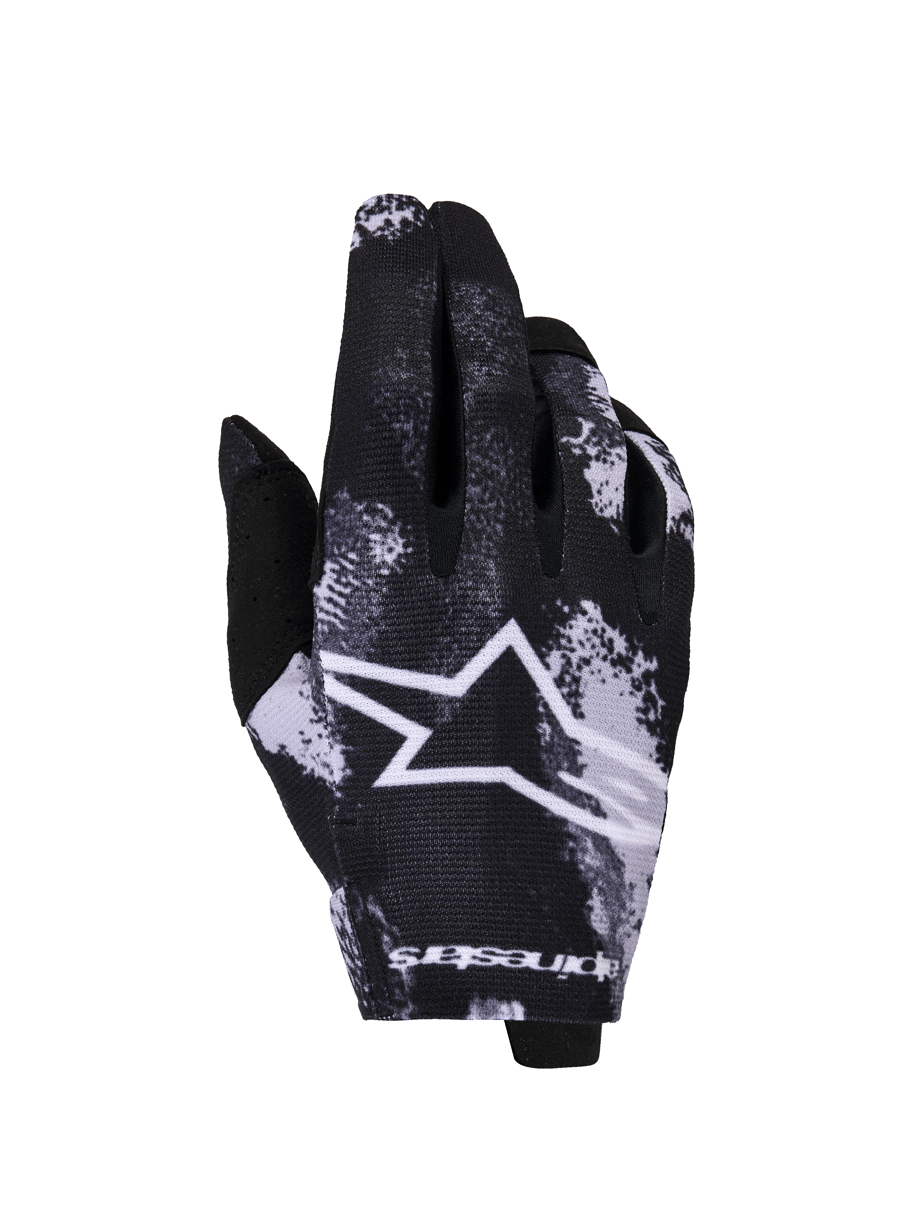 Alpinestars 2026 Radar Gloves, guanti da motocross, Iron Camo nero e bianco, con un grande logo a stella bianco, motivo mimetico sublimato, tessuto elasticizzato leggero per corse fuoristrada