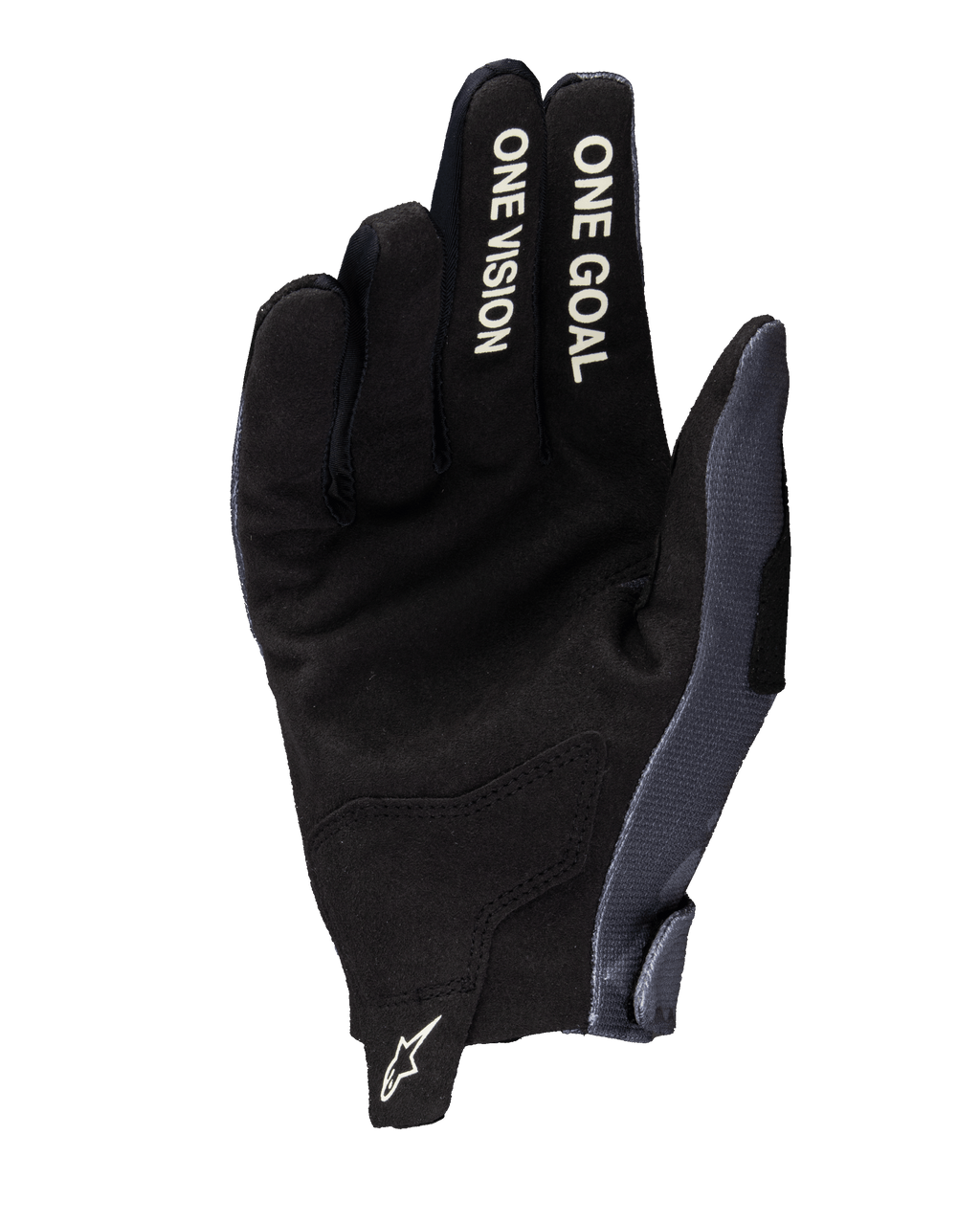 Alpinestars Guanti Radar 2025, guanti da motocross, grigio e Dark Camo, vista del palmo con costruzione in pelle scamosciata sintetica, scritte bianche 'ONE VISION' e 'ONE GOAL' sulle dita e logo Astars bianco sulla linguetta del polso