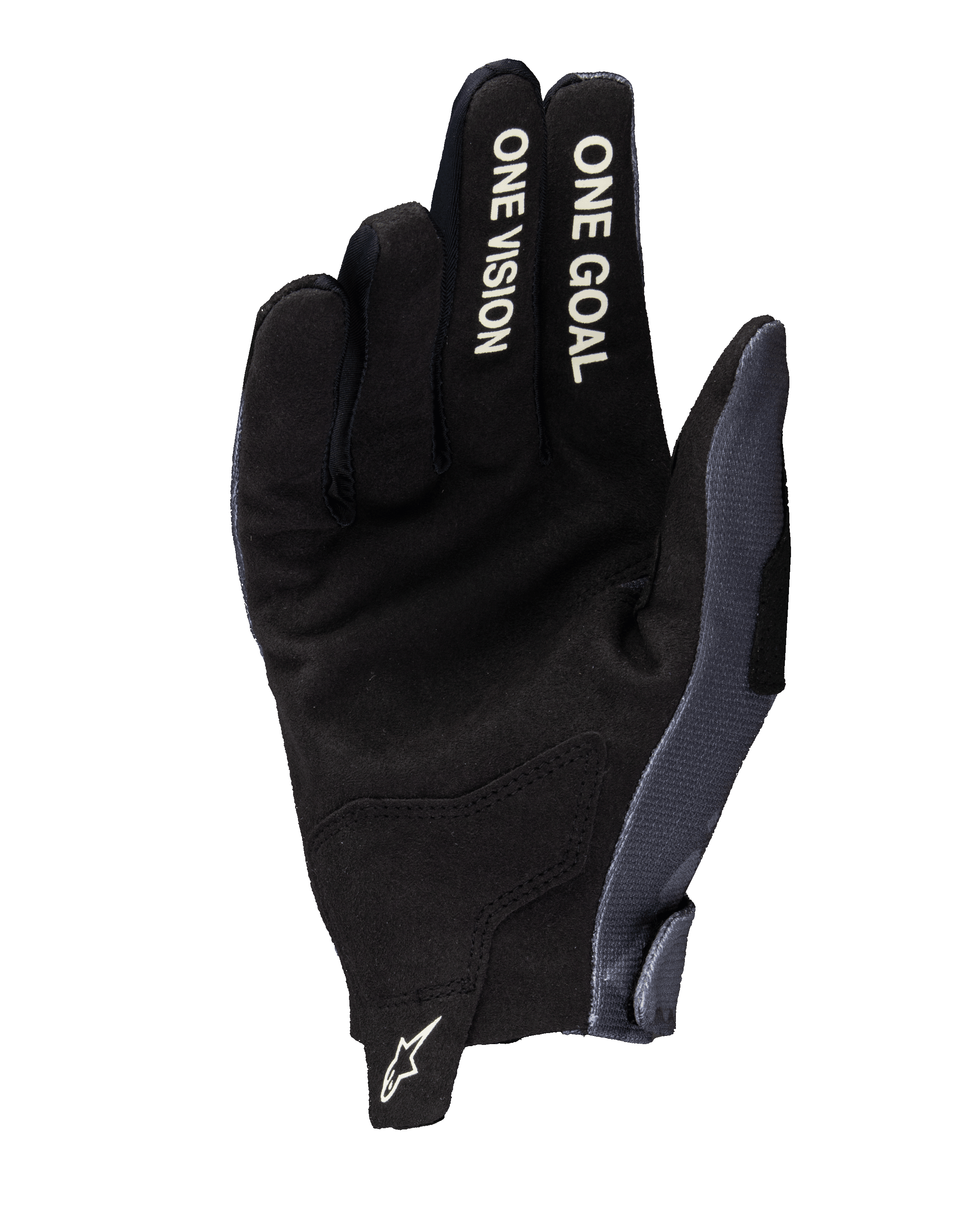 Alpinestars Guanti Radar 2025, guanti da motocross, grigio e Dark Camo, vista del palmo con costruzione in pelle scamosciata sintetica, scritte bianche 'ONE VISION' e 'ONE GOAL' sulle dita e logo Astars bianco sulla linguetta del polso