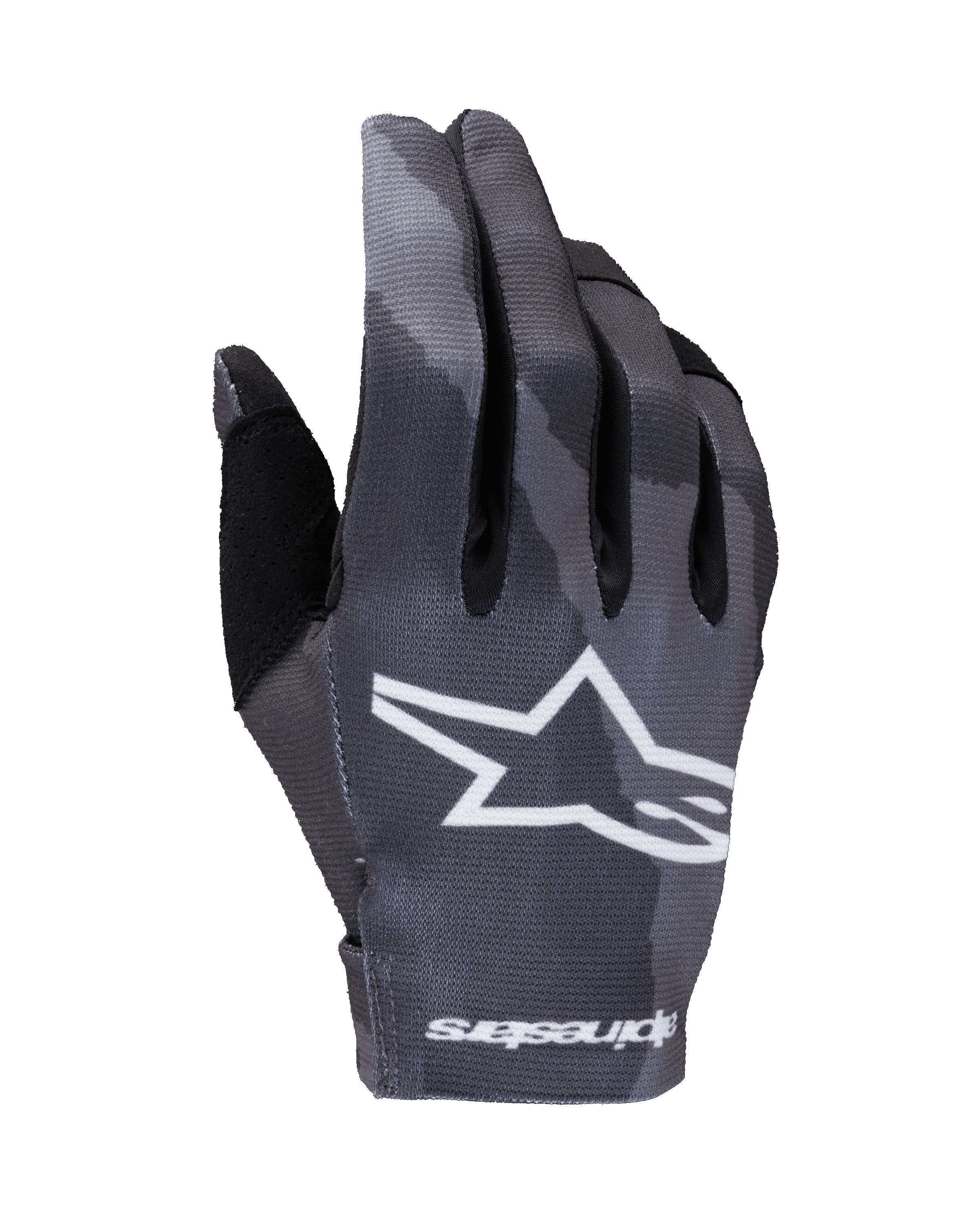 Guanti Alpinestars Radar 2025, guanti da motocross, motivo Dark Camo in tonalità di grigio, con un grande logo a stella bianco sul dorso e scritta Alpinestars sul polsino, costruzione leggera ed elasticizzata per prestazioni off-road