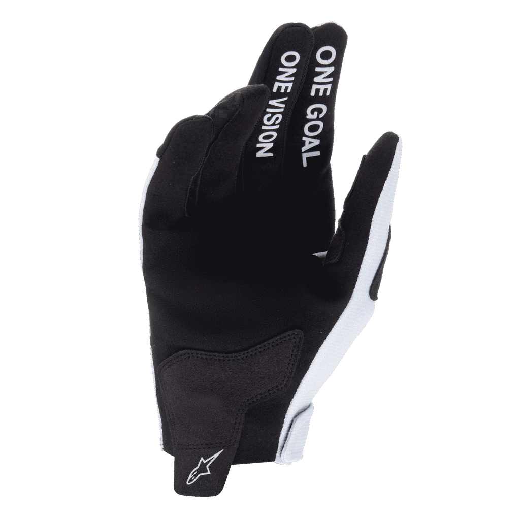 Alpinestars Guanti Radar 2025, guanti da motocross, grigio e nero, vista del palmo in camoscio sintetico, testo 'ONE GOAL ONE VISION' su indice e medio, logo bianco sul tirante del polso, design resistente per corse fuoristrada