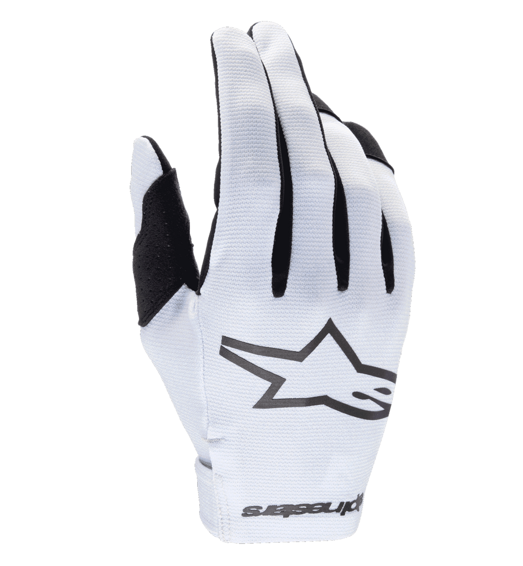 Guanti Alpinestars Radar 2025, guanti da motocross, bianco e nero, con dorso in materiale sintetico testurizzato e prominente logo a stella nero, dettagli neri tra le dita, chiusura del polso senza cuciture con marchio, design leggero e aderente per corse fuoristrada