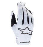 Guanti Alpinestars Radar 2025, guanti da motocross, bianco e nero, con dorso in materiale sintetico testurizzato e prominente logo a stella nero, dettagli neri tra le dita, chiusura del polso senza cuciture con marchio, design leggero e aderente per corse fuoristrada