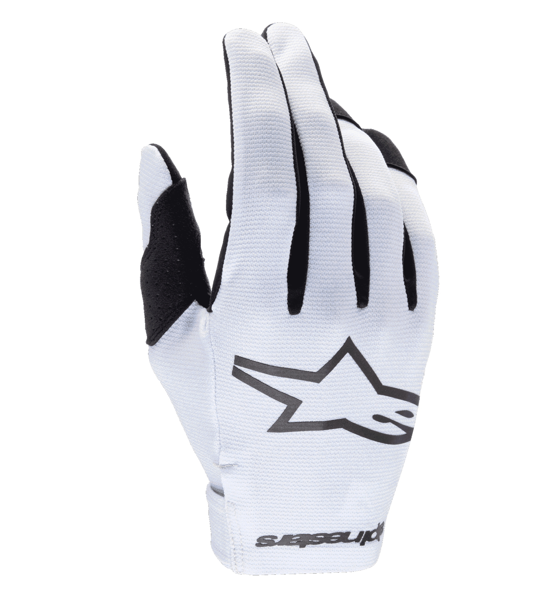 Guanti Alpinestars Radar 2025, guanti da motocross, bianco e nero, con dorso in materiale sintetico testurizzato e prominente logo a stella nero, dettagli neri tra le dita, chiusura del polso senza cuciture con marchio, design leggero e aderente per corse fuoristrada