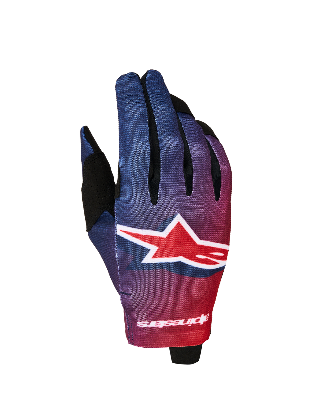 Alpinestars Guanti Radar 2027, guanti da motocross per uomo, gradiente blu intenso e rosso fuoco con grande logo a stella.