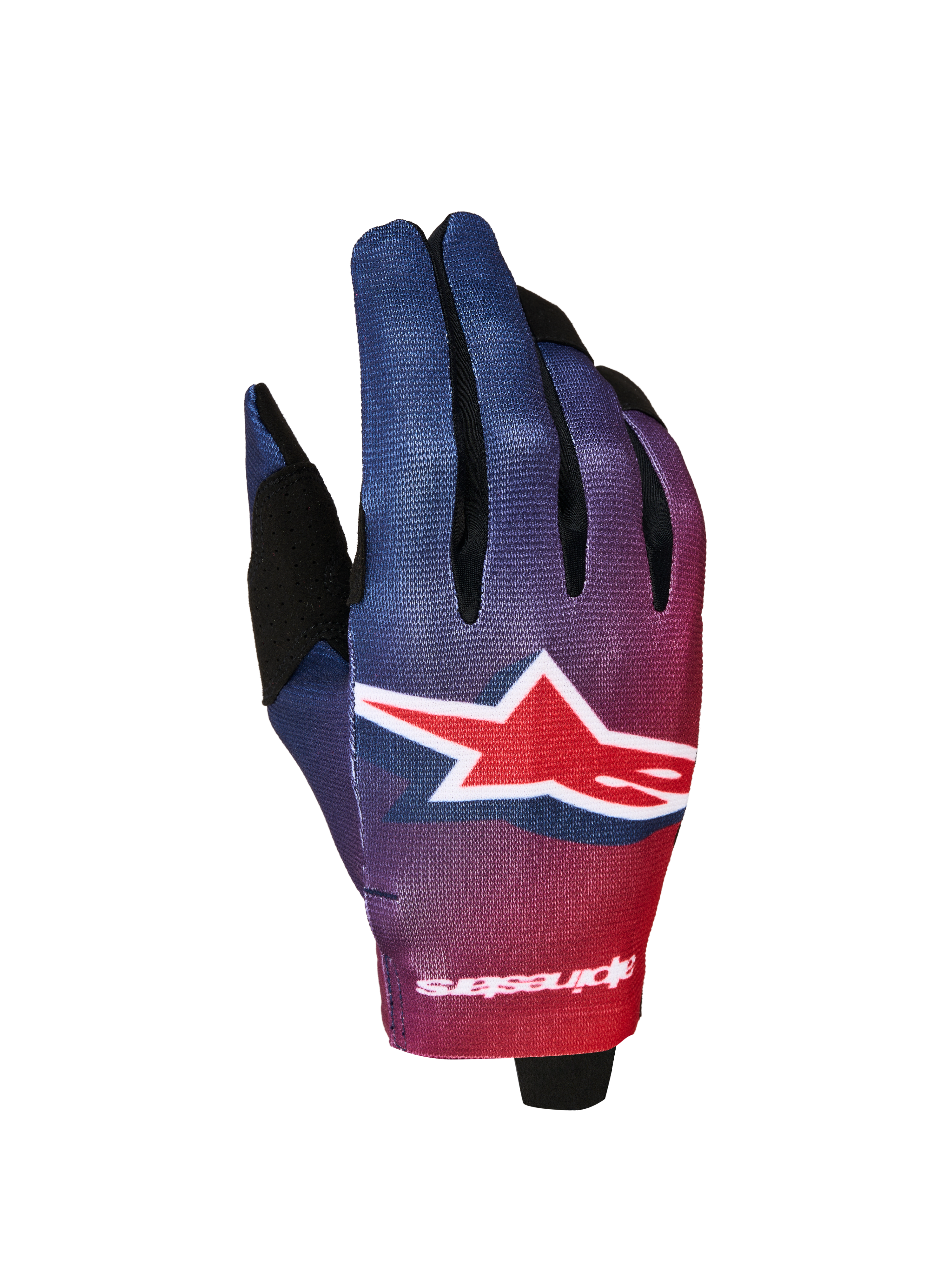 Alpinestars Guanti Radar 2027, guanti da motocross per uomo, gradiente blu intenso e rosso fuoco con grande logo a stella.