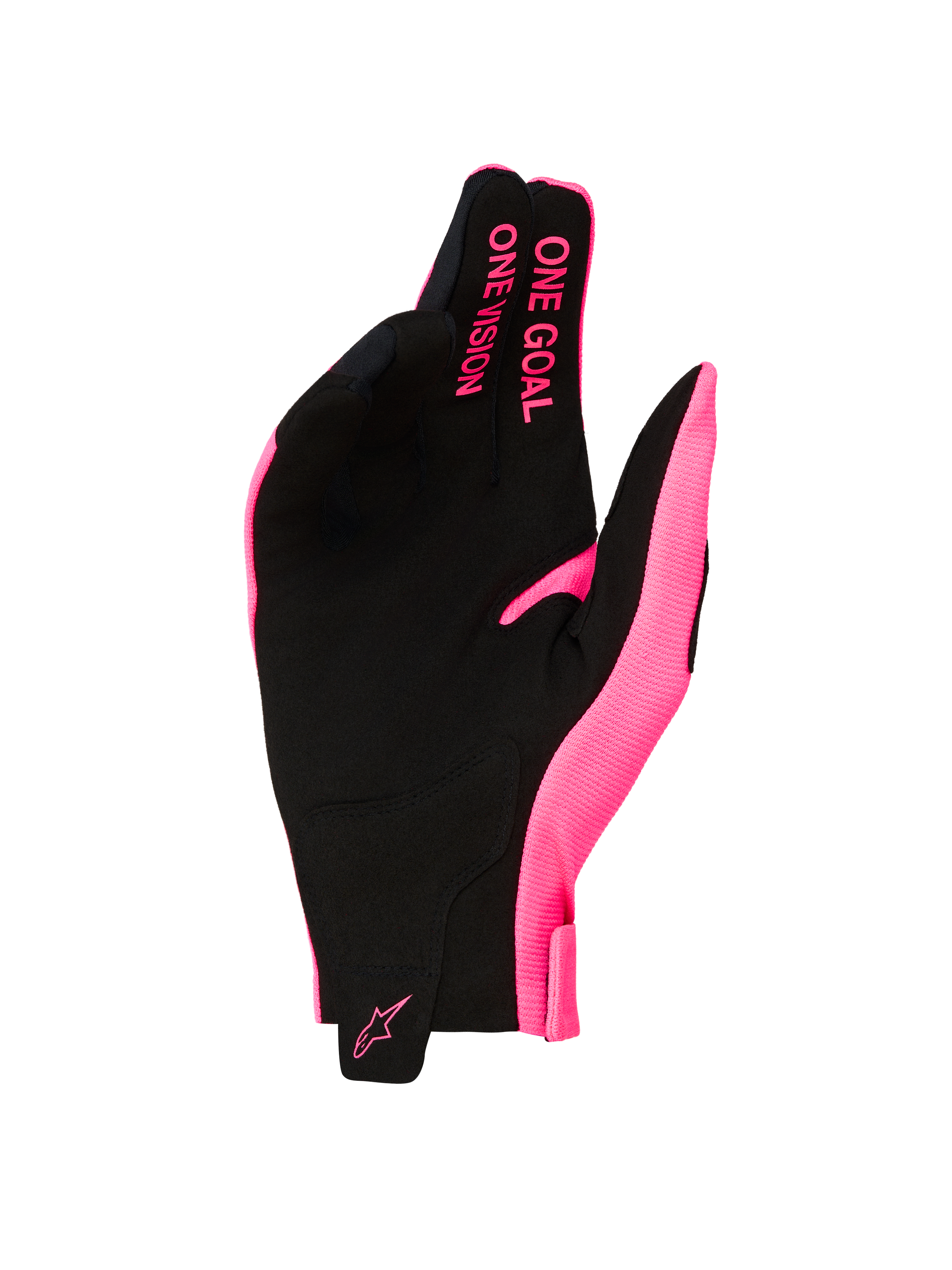 Alpinestars Guanti Radar 2027, guanti da motocross da uomo rosa fluo e neri, palmo in pelle scamosciata sintetica con slogan 'ONE GOAL ONE VISION' sulle dita e logo sul polso, ideali per performance off-road.