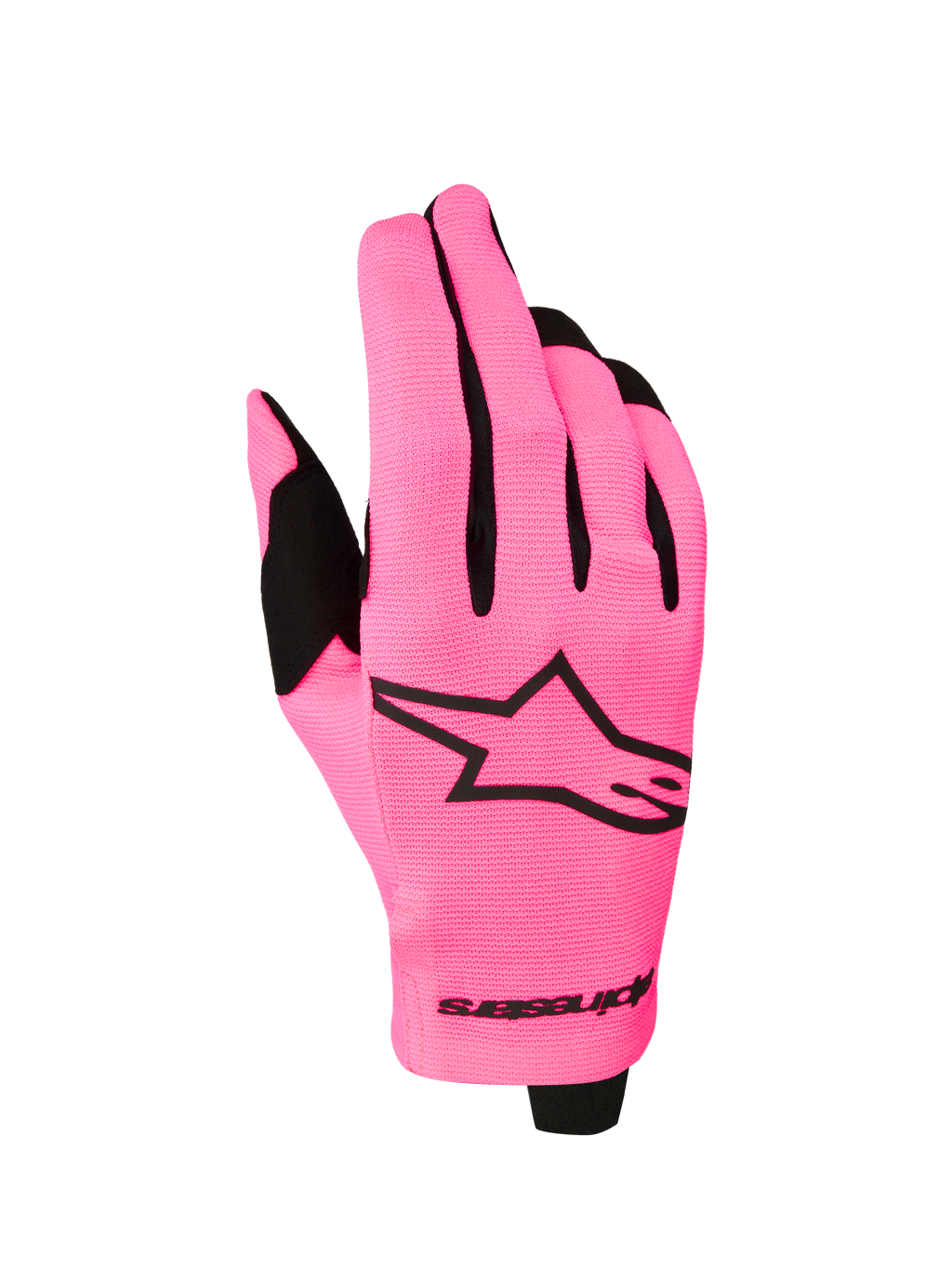 Alpinestars Guanti Radar 2027, guanti da motocross leggeri da uomo, rosa fluo e neri, dorso in tessuto elasticizzato con logo a stella nero, ideali per guida off-road e MX, costruzione traspirante e flessibile